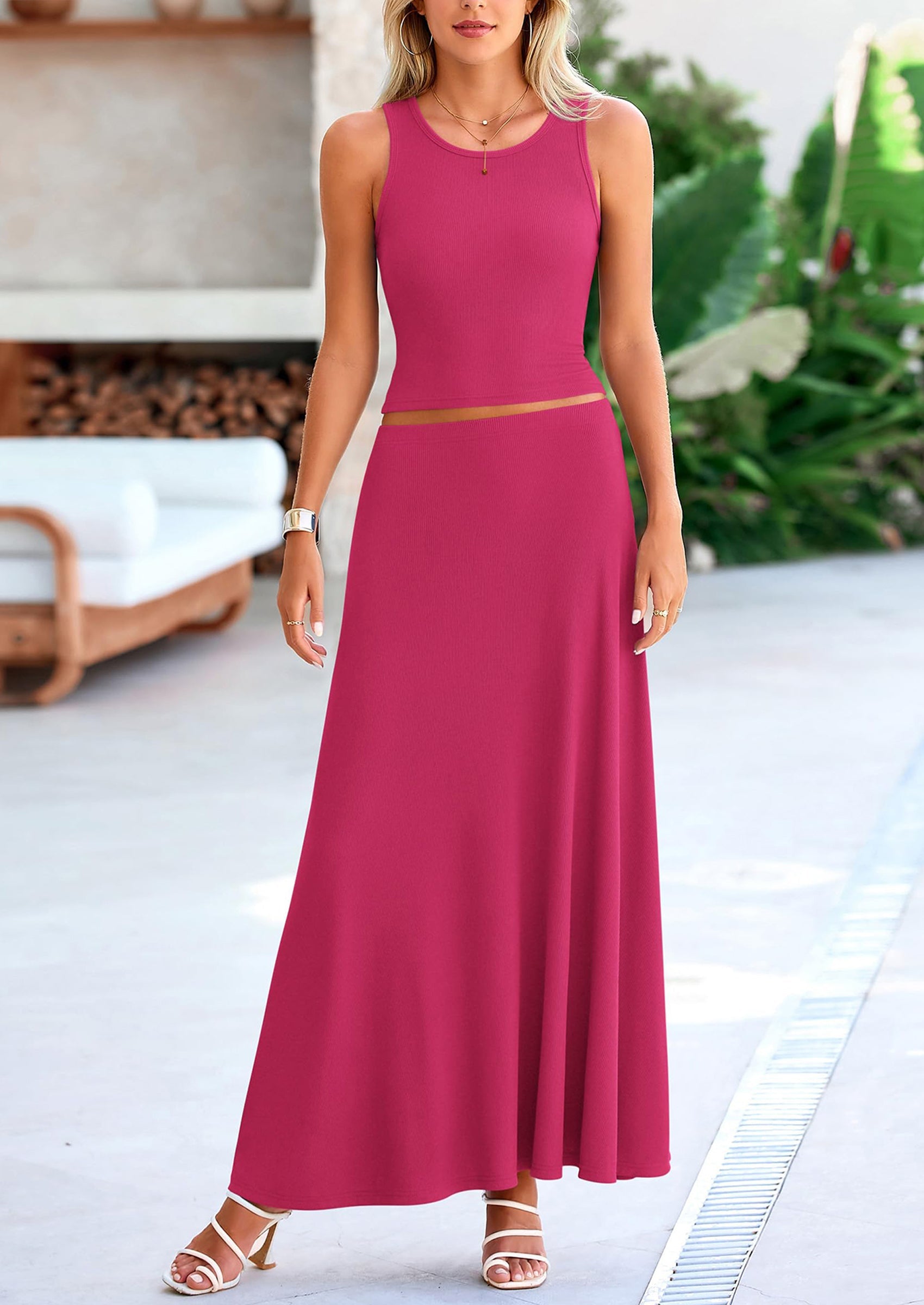 Chichi 2 Piece Maxi Skirt Sets Casual Knit Cropped Tank Top High Waisted Long Skirts Outfit Navy