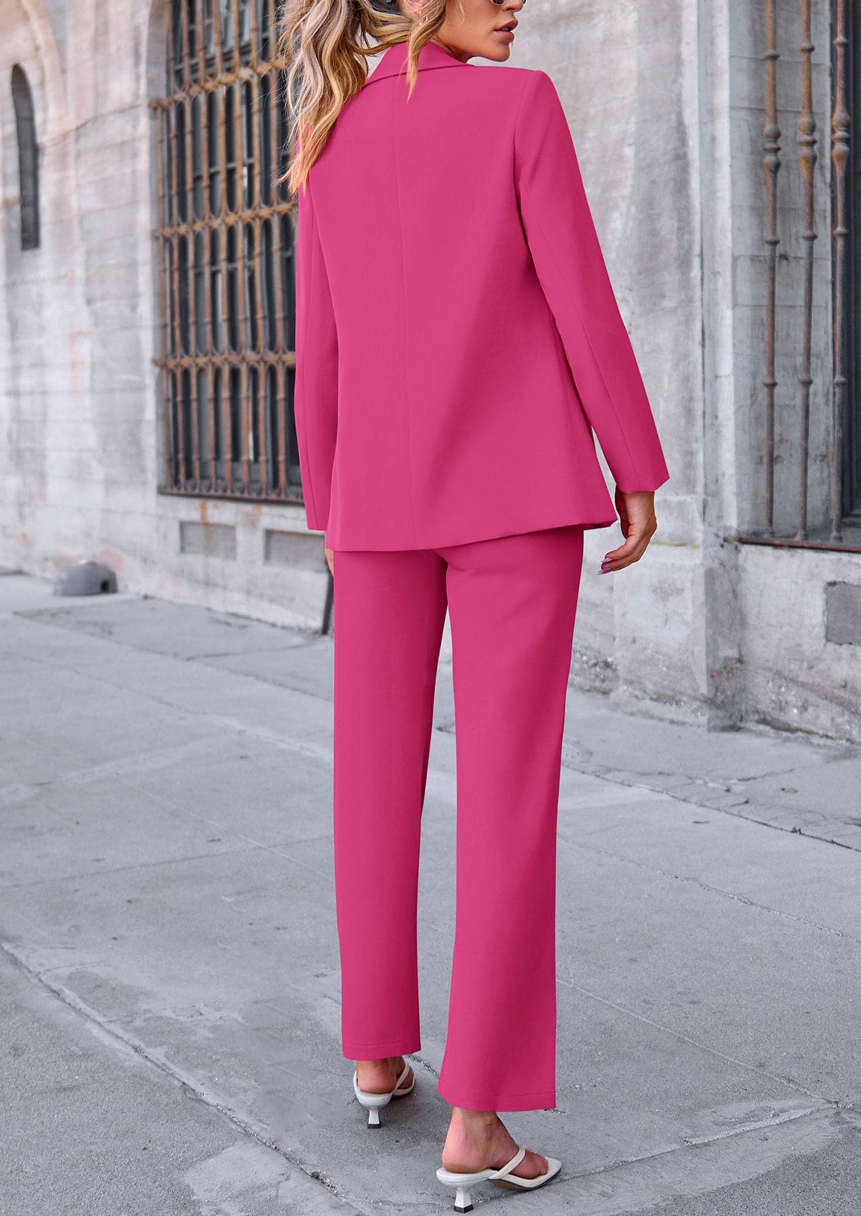 Chichi 2 Piece Blazer Outfits Business Casual Oversized Jacket Wide Leg Work Pants Dressy Suit Set Rose Red