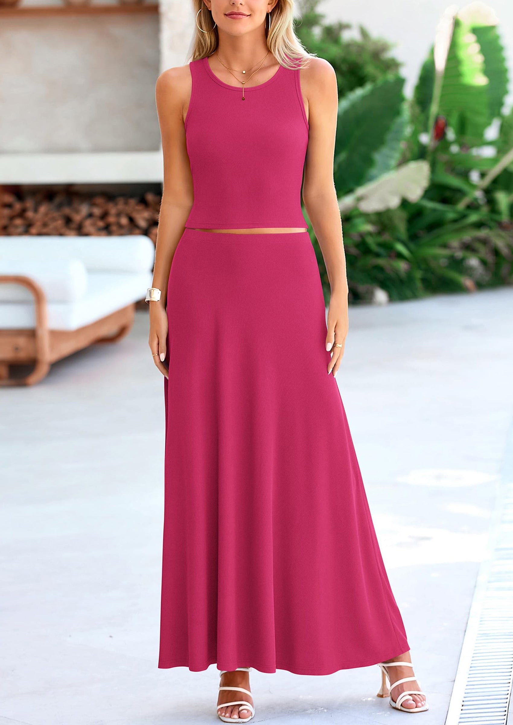 Chichi 2 Piece Maxi Skirt Sets Casual Knit Cropped Tank Top High Waisted Long Skirts Outfit Navy