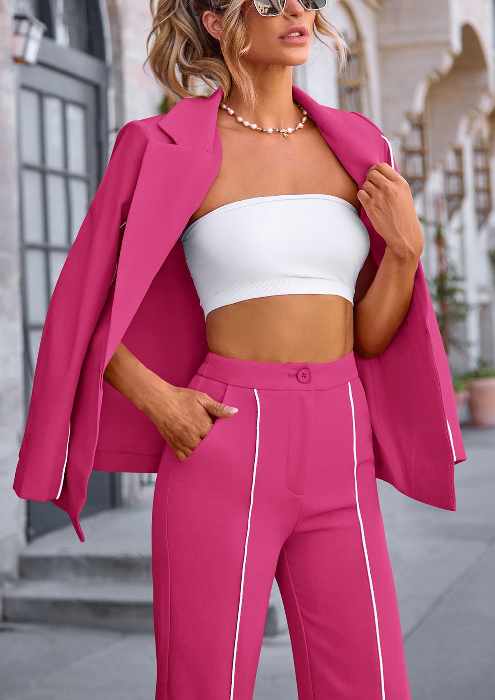 Chichi 2 Piece Blazer Outfits Business Casual Oversized Jacket Wide Leg Work Pants Dressy Suit Set Rose Red