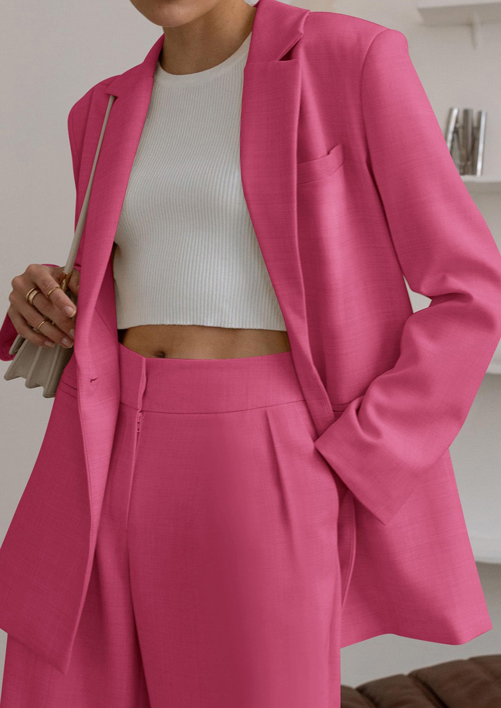 Chichi Women's Fall Two Piece Outfits Dressy Blazer Jacket and Wide Leg Pants Pockets Business Casual Office Suit Sets Rose Red