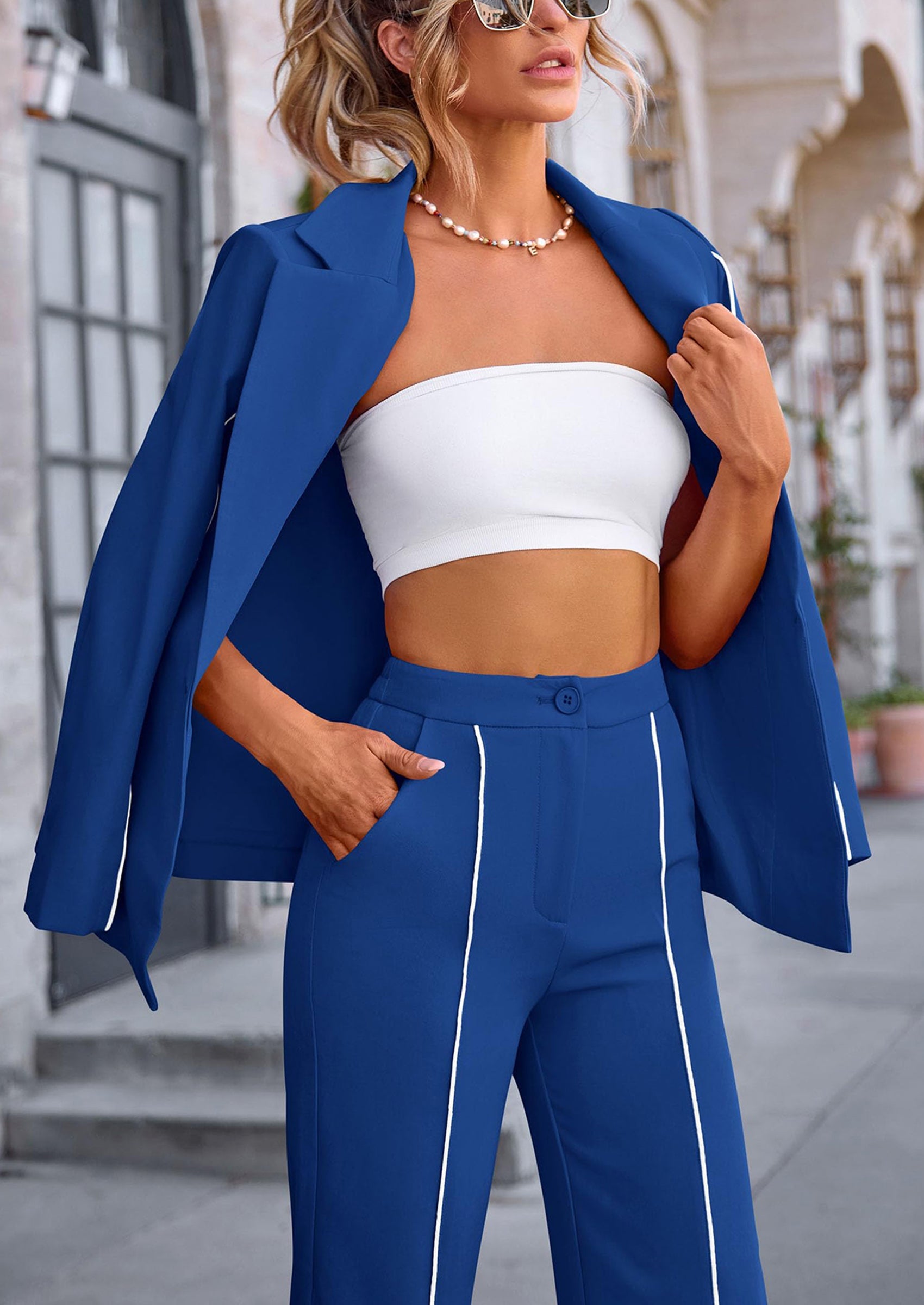 Chichi 2 Piece Blazer Outfits Business Casual Oversized Jacket Wide Leg Work Pants Dressy Suit Set Royal Blue