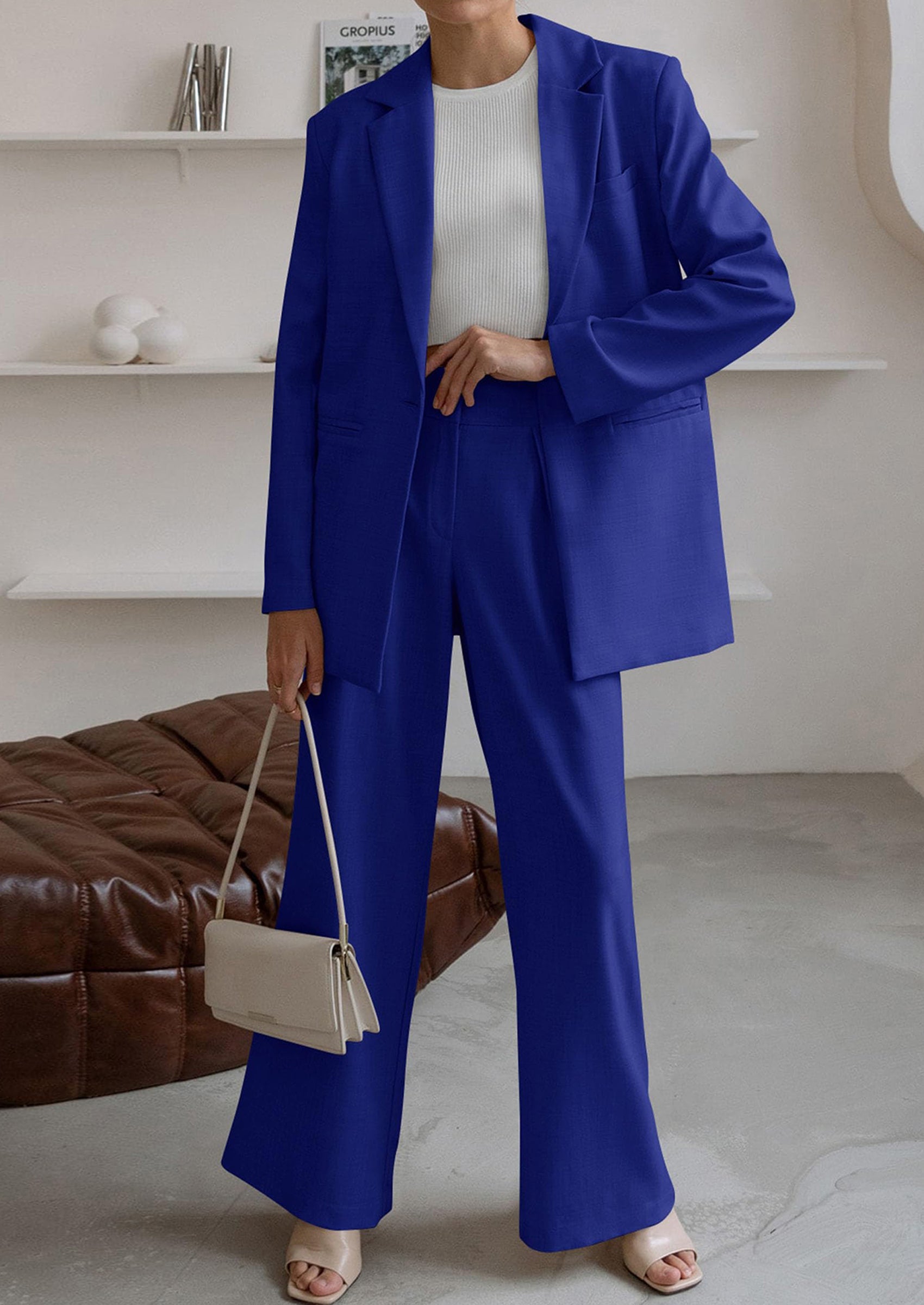 Chichi Women's Fall Two Piece Outfits Dressy Blazer Jacket and Wide Leg Pants Pockets Business Casual Office Suit Sets Royal Blue