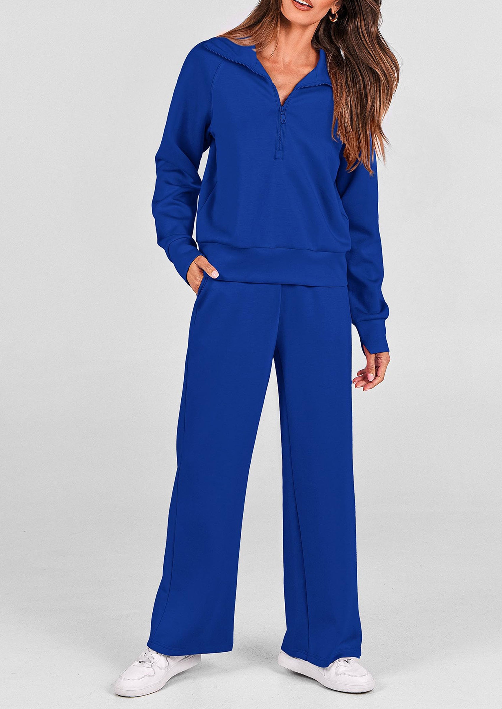 Chichi Women's 2 Piece Outfits Casual Lapel Half Zip Sweatshirts And Wide Leg Pants Tracksuit Sets Royal Blue