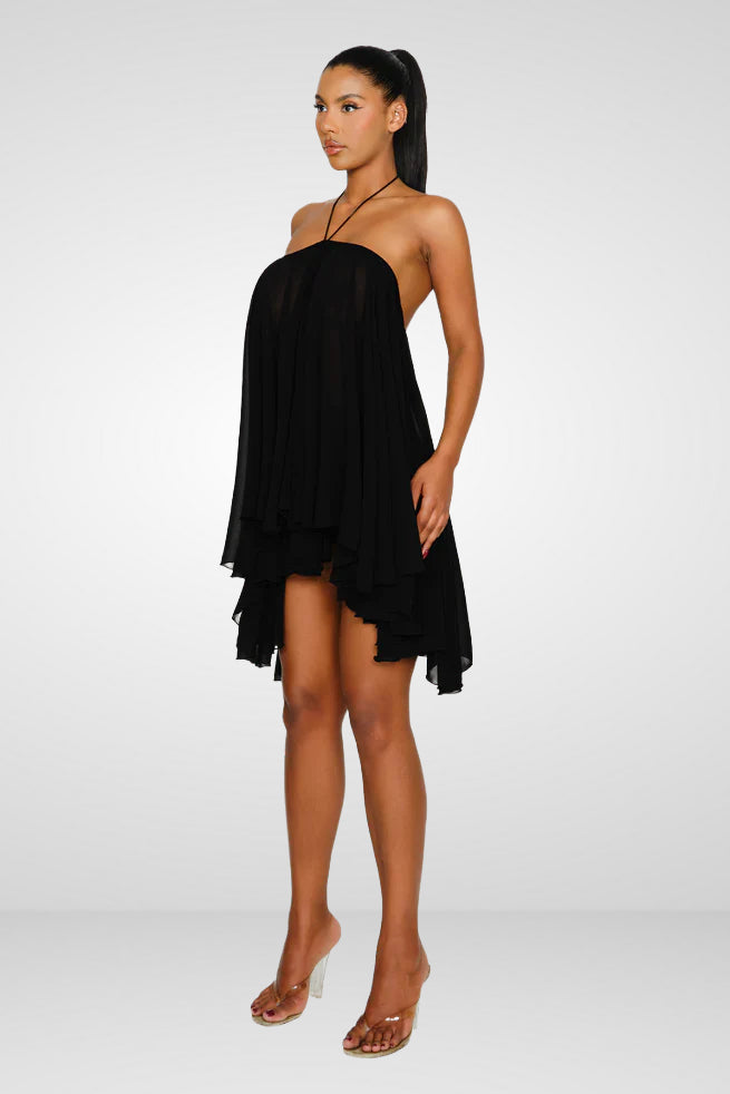 Verena | Ruffle High-Low Mini Dress Black
