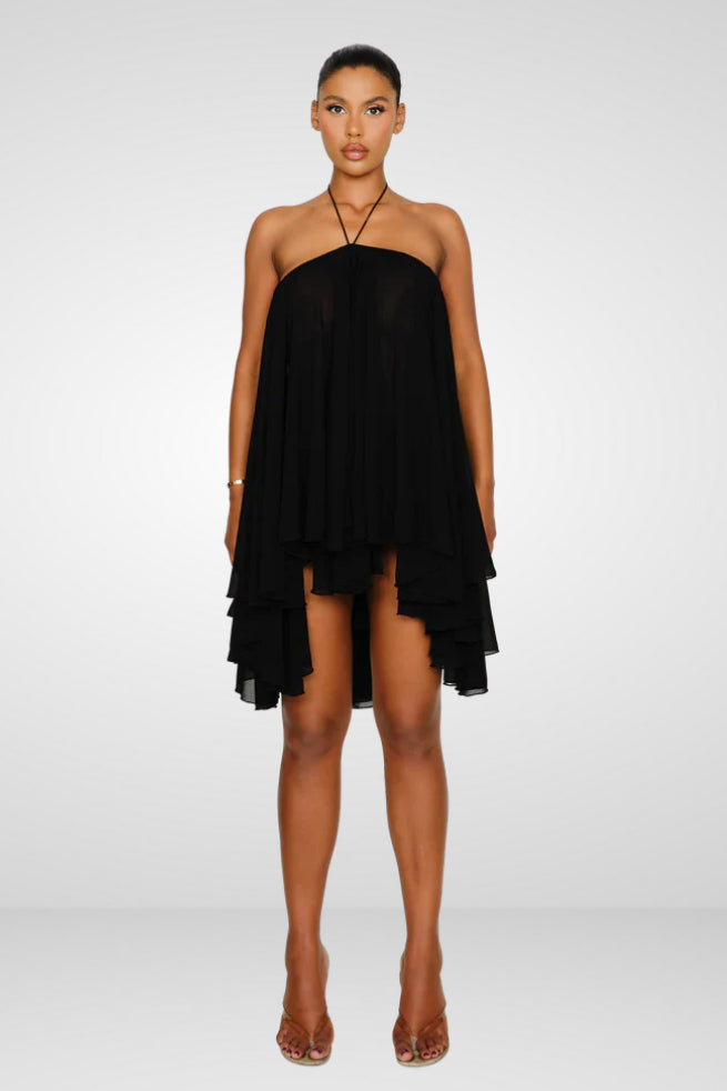 Verena | Ruffle High-Low Mini Dress Black
