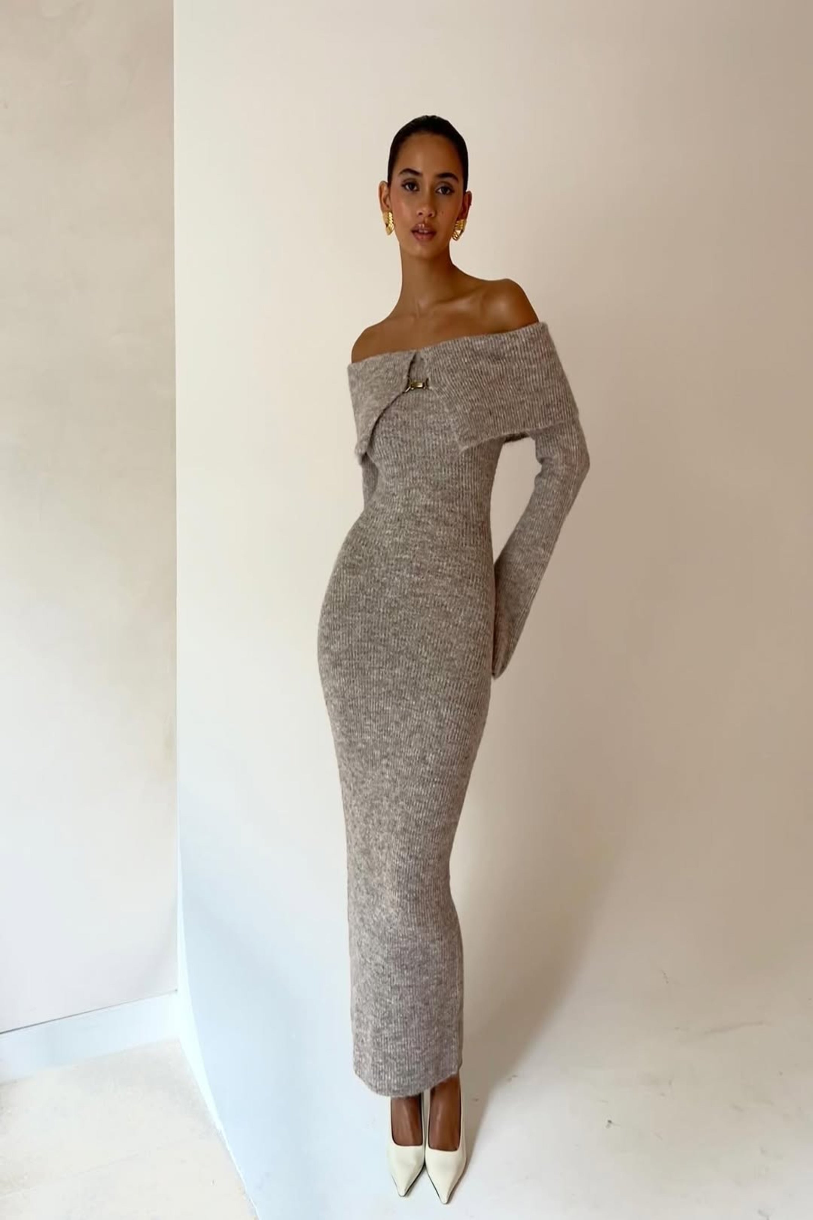 Althea | Ribbed Knit Midi Dress Beige