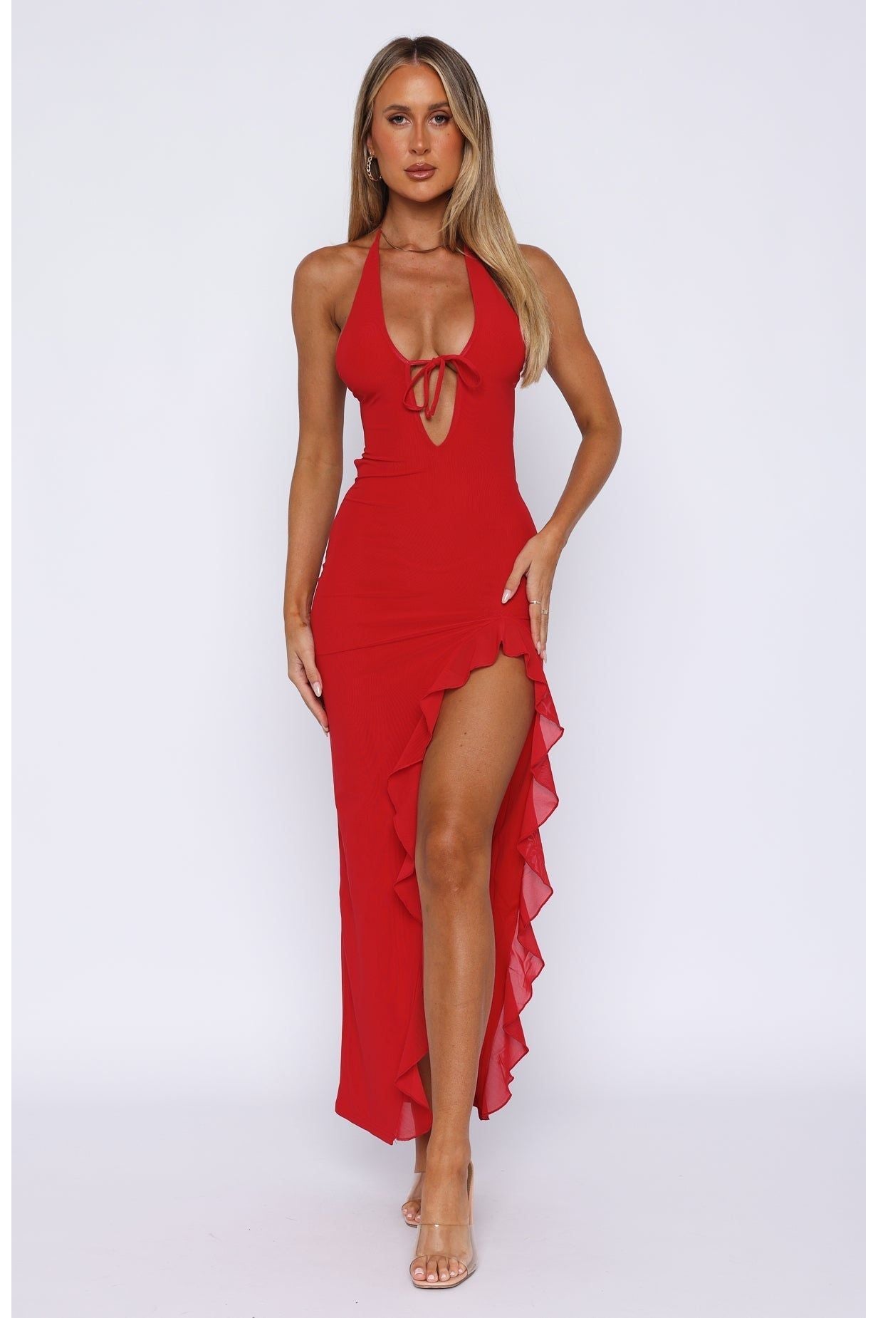 Ella | Ruffled Tie Maxi Dress Red