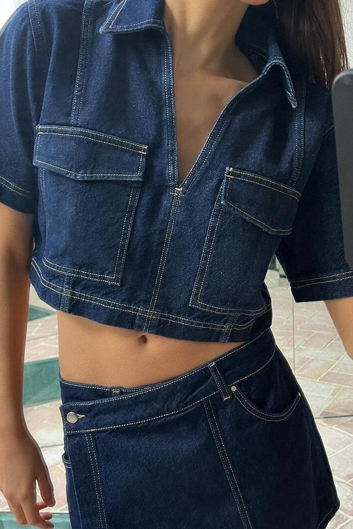 Lisa - Denim Cropped-Top & Skirt Two-Piece Set