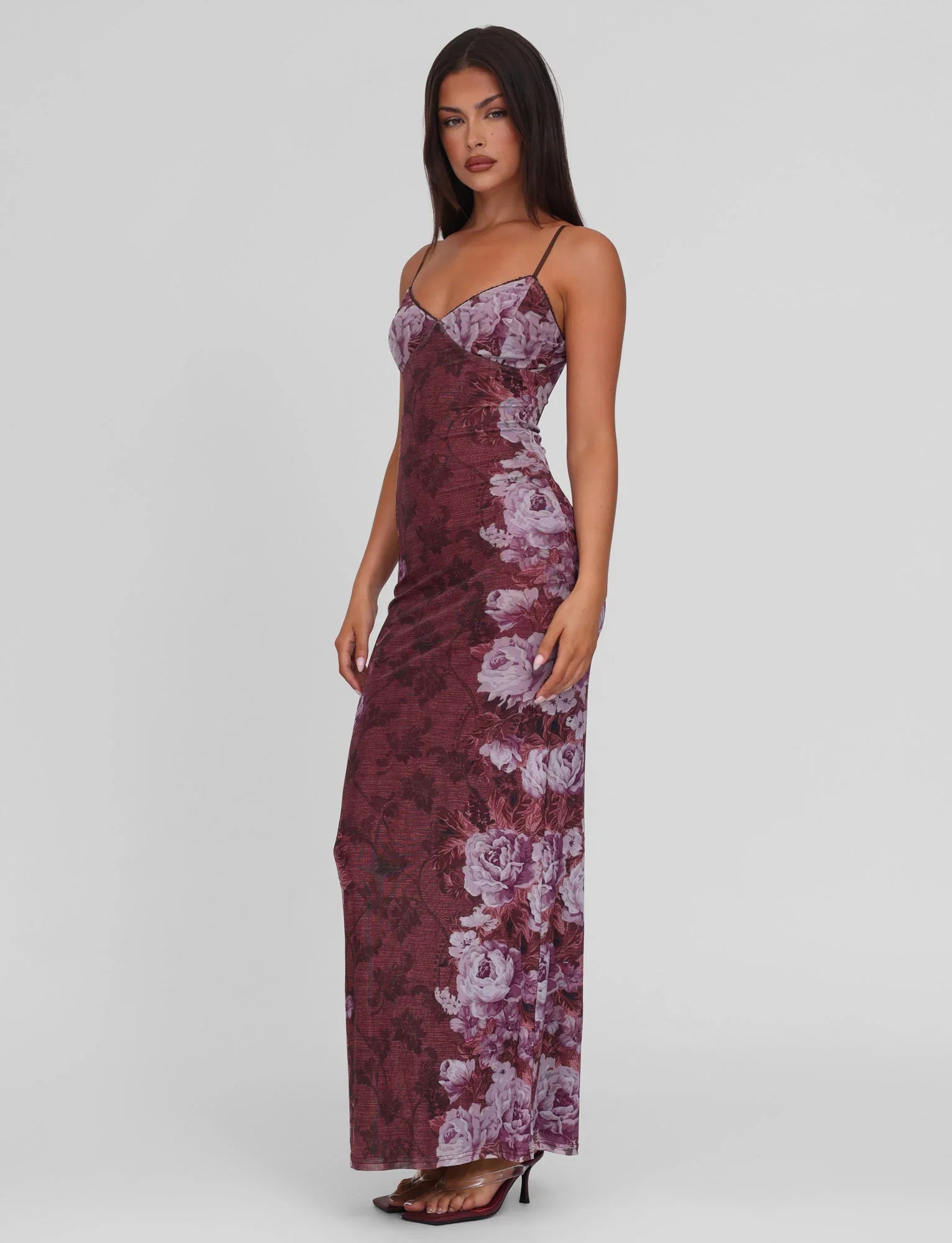 Serena | Velvet Floral Maxi Dress Wine Red