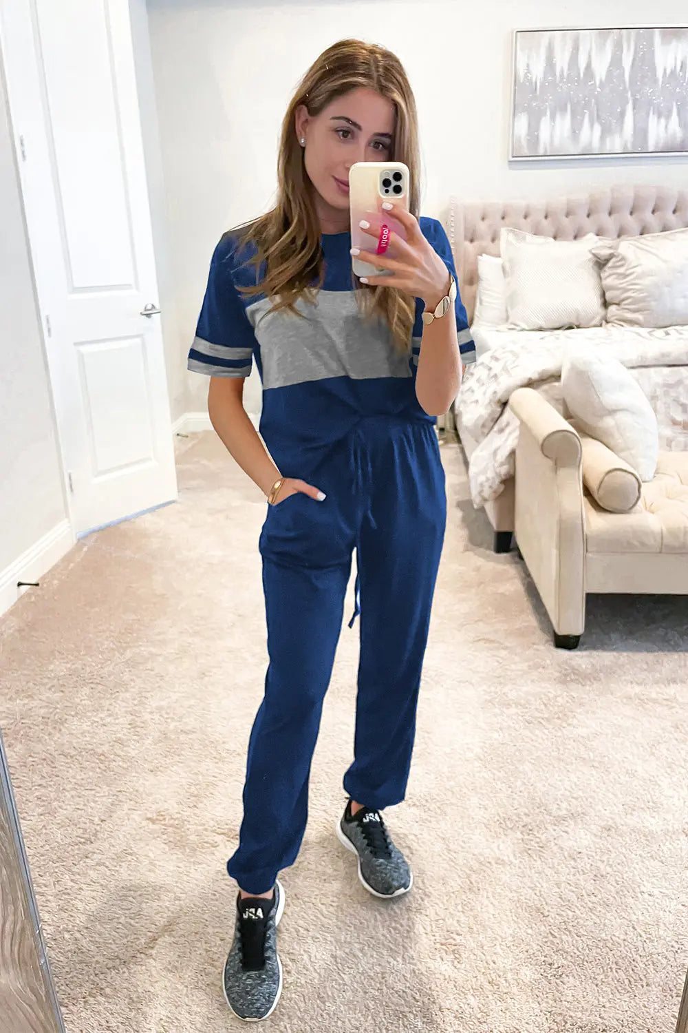 Chichi Women's Two Piece Lounge Sets Spring Summer Jogger Pants Vacation Outfits Travel Airplane Matching Clothes Navy