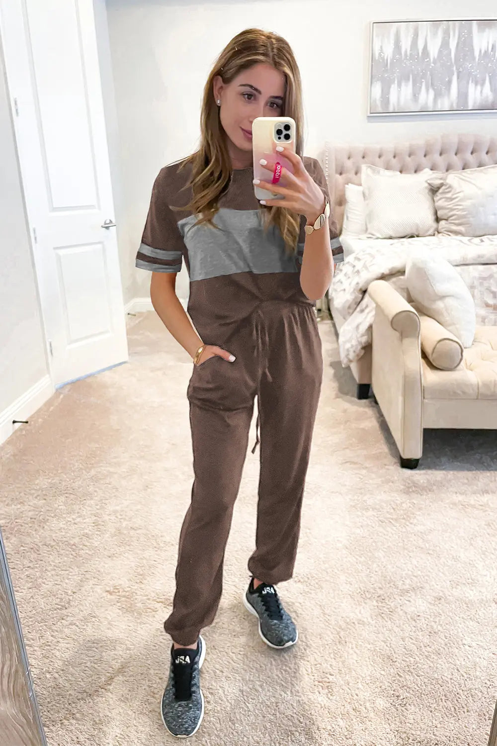 Chichi Women's Two Piece Lounge Sets Spring Summer Jogger Pants Vacation Outfits Travel Airplane Matching Clothes Deep khaki