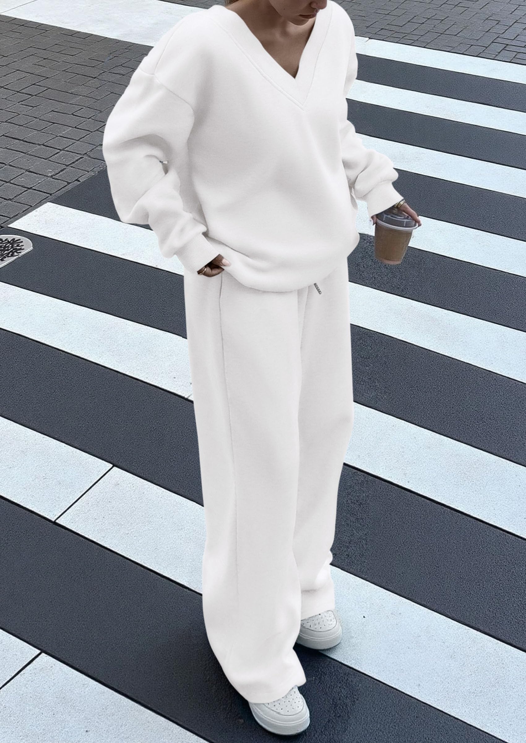 Chichi Casual Winter Two Piece Sets for Women V Neck Sweatshirt Loose Wide Leg Pants Tracksuit Knit Fall Outfits White