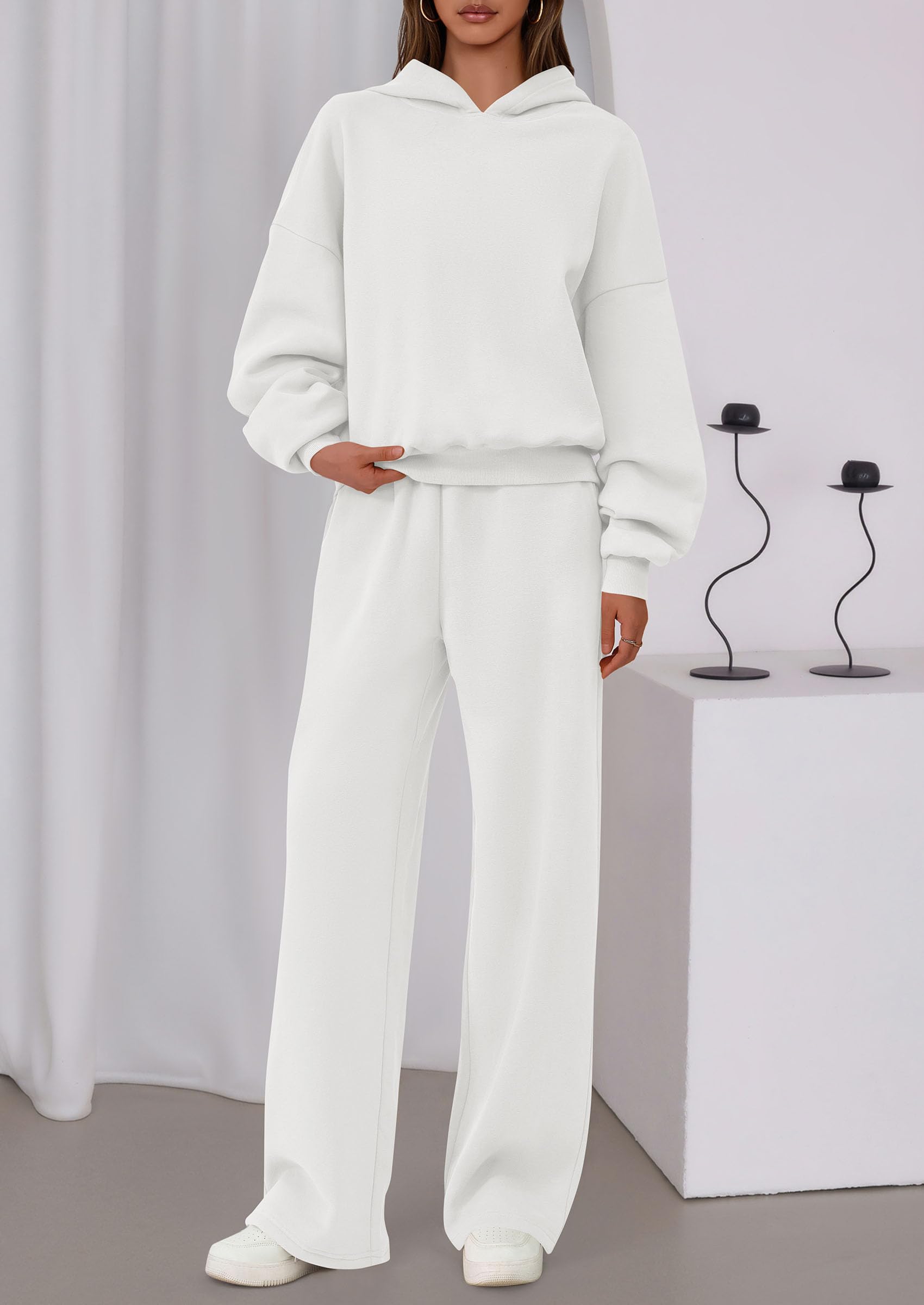 Chichi Womens Sweatsuits 2 Piece Set Casual Winter Long Sleeve Hoodie Loose Wide Leg Sweatpants Fall Tracksuit White
