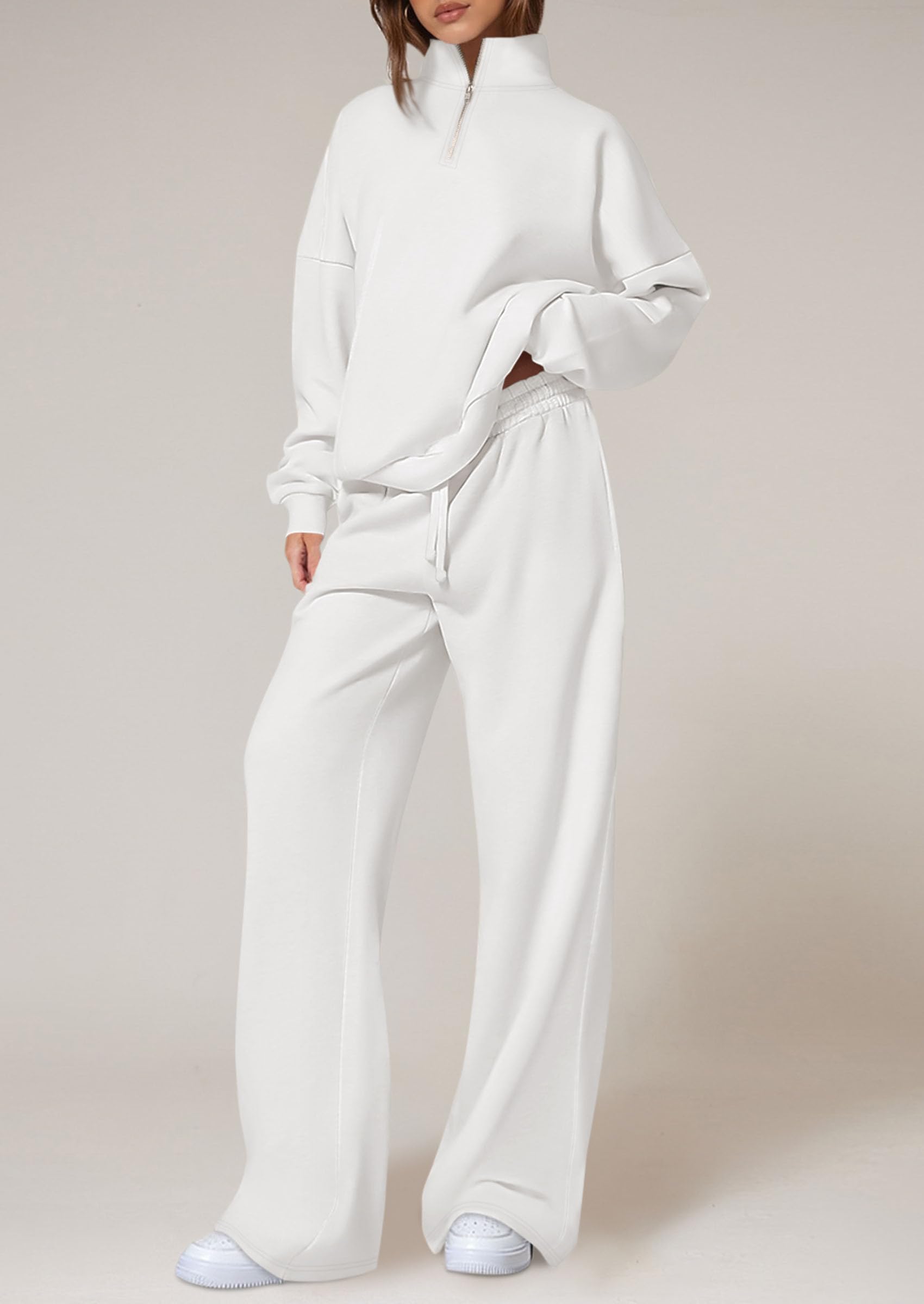 Chichi Womens Casual Two Piece Sets Fall Outfits Quarter Zip Sweatshirts Straight Leg Pants Sweatsuits Tracksuit White