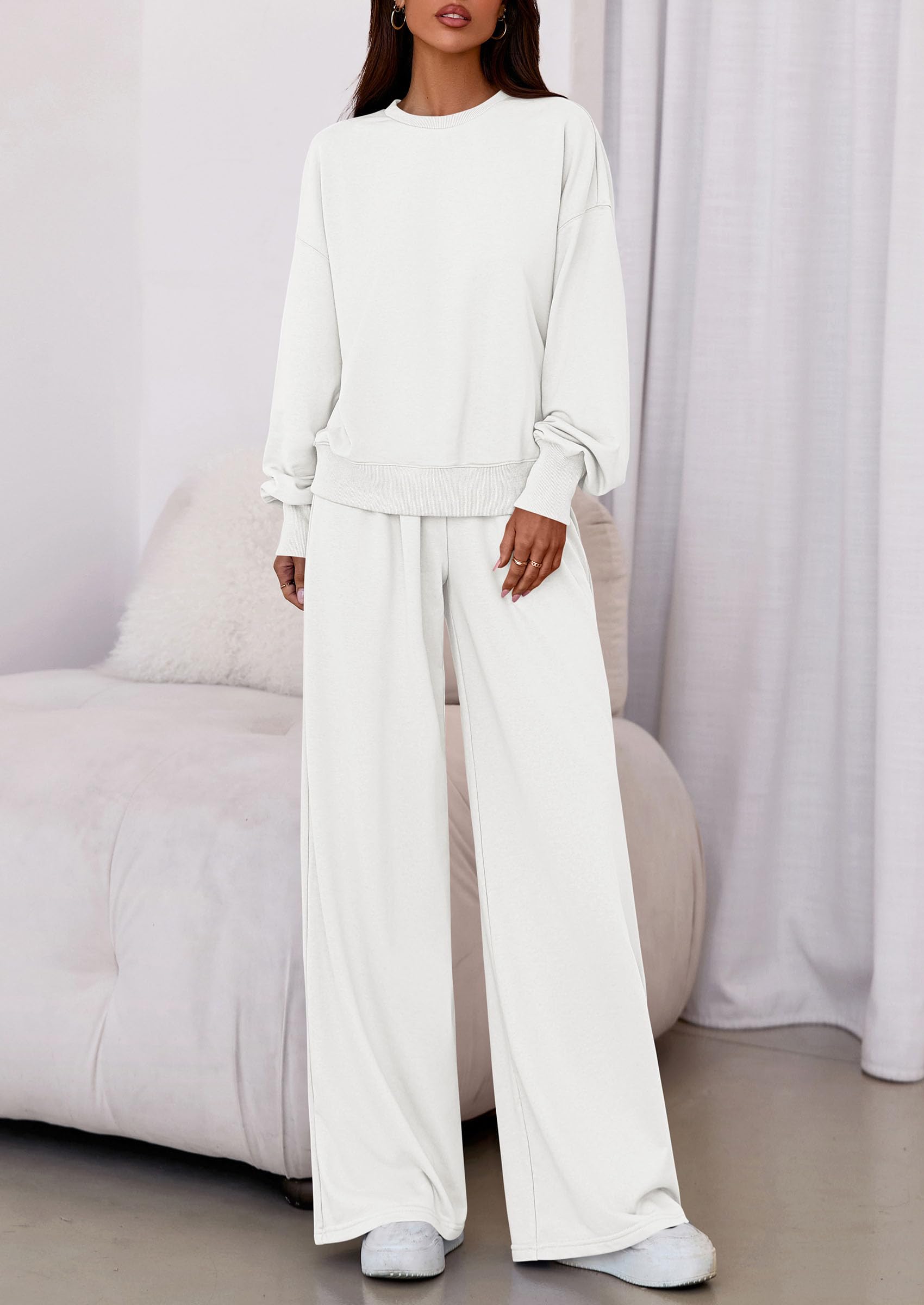 Chichi Womens 2 Piece Sets Long Sleeve Sweatshirt Wide Leg Pants Loose Matching Lounge Set Trendy Fall Outfits White