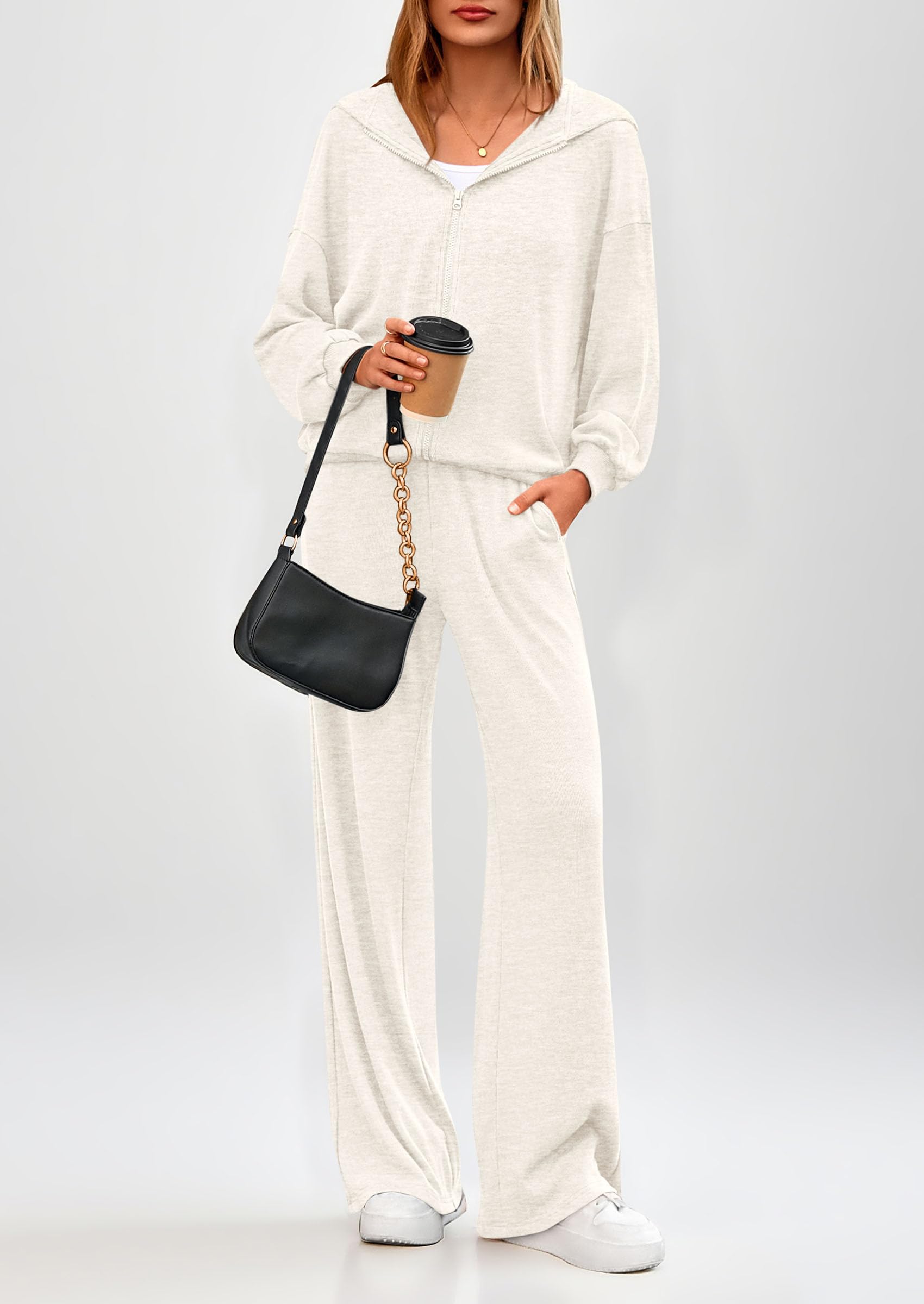 Chichi Women's 2 Piece Fall Lounge Sets Zip Up Hoodie Wide Leg Pants Tracksuit Matching Travel Outfits Clothes White