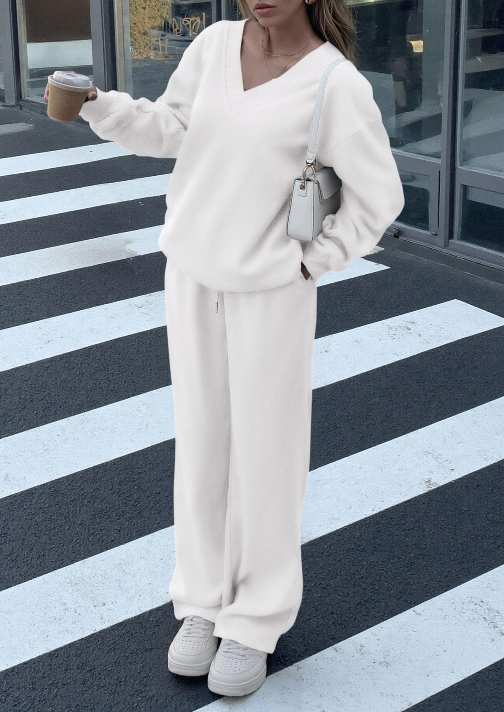Chichi Casual Winter Two Piece Sets for Women V Neck Sweatshirt Loose Wide Leg Pants Tracksuit Knit Fall Outfits White