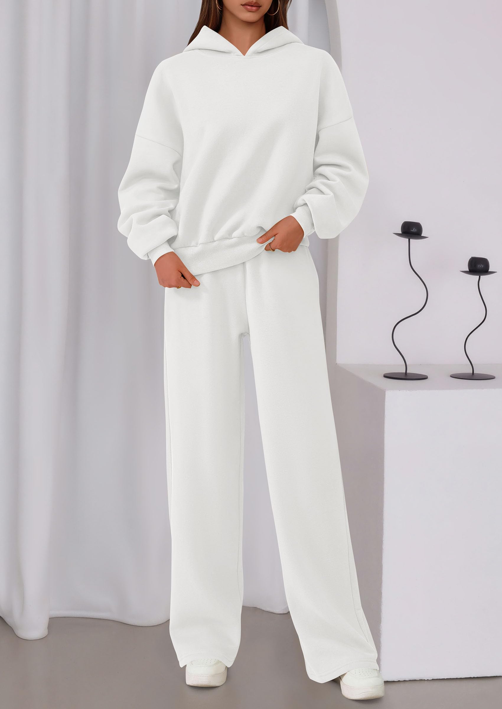 Chichi Womens Sweatsuits 2 Piece Set Casual Winter Long Sleeve Hoodie Loose Wide Leg Sweatpants Fall Tracksuit White
