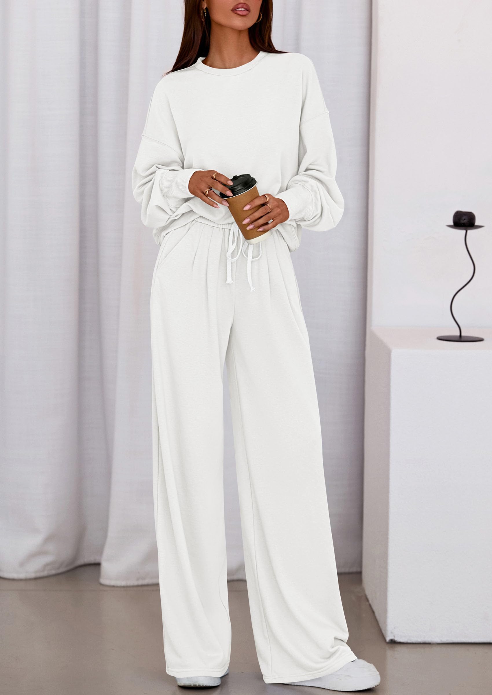 Chichi Womens 2 Piece Sets Long Sleeve Sweatshirt Wide Leg Pants Loose Matching Lounge Set Trendy Fall Outfits White