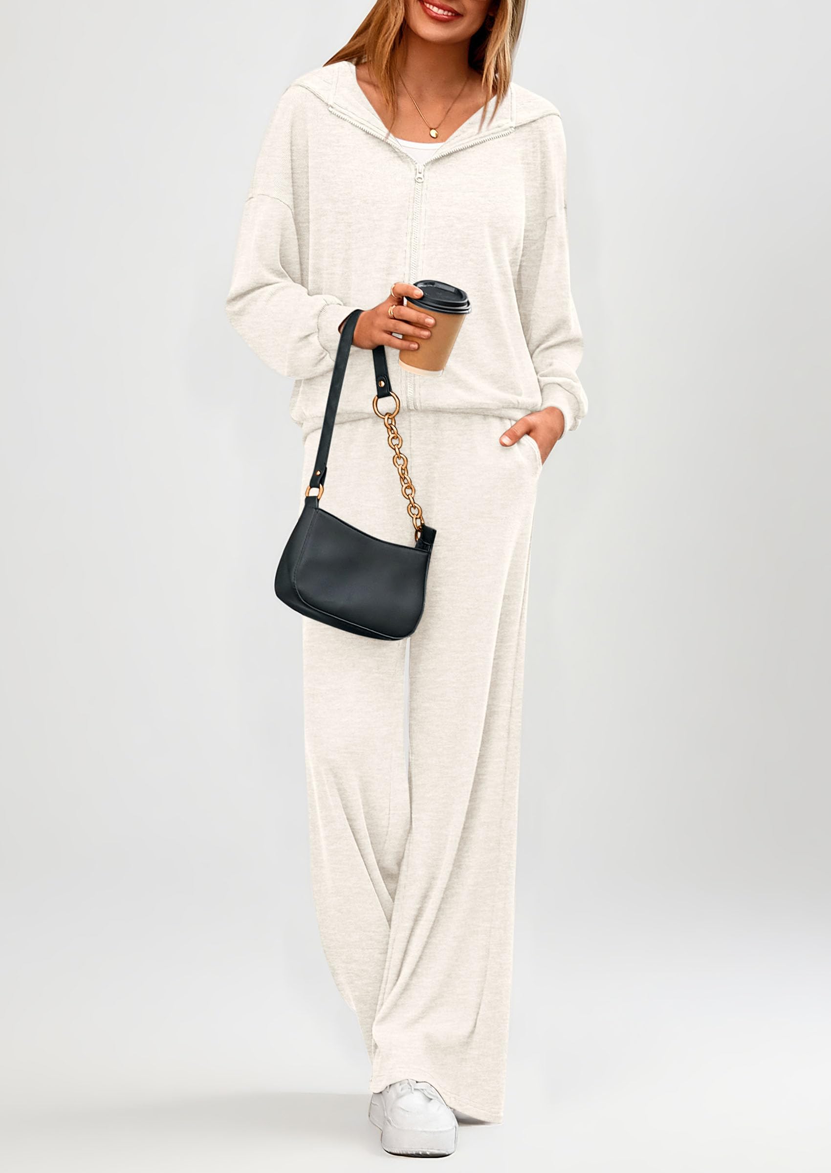 Chichi Women's 2 Piece Fall Lounge Sets Zip Up Hoodie Wide Leg Pants Tracksuit Matching Travel Outfits Clothes White