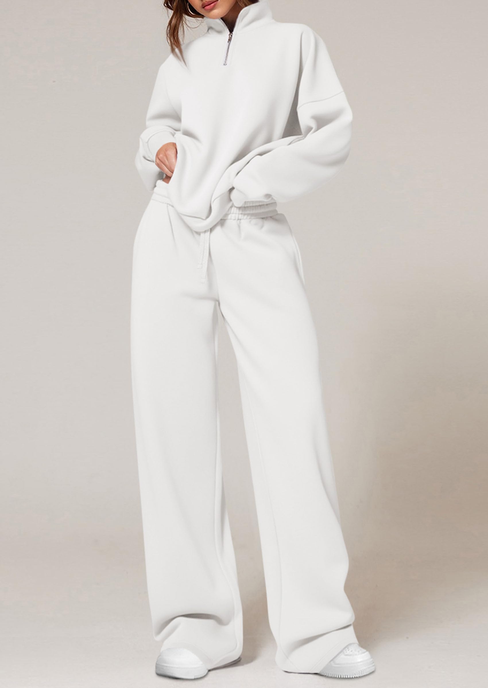 Chichi Womens Casual Two Piece Sets Fall Outfits Quarter Zip Sweatshirts Straight Leg Pants Sweatsuits Tracksuit White