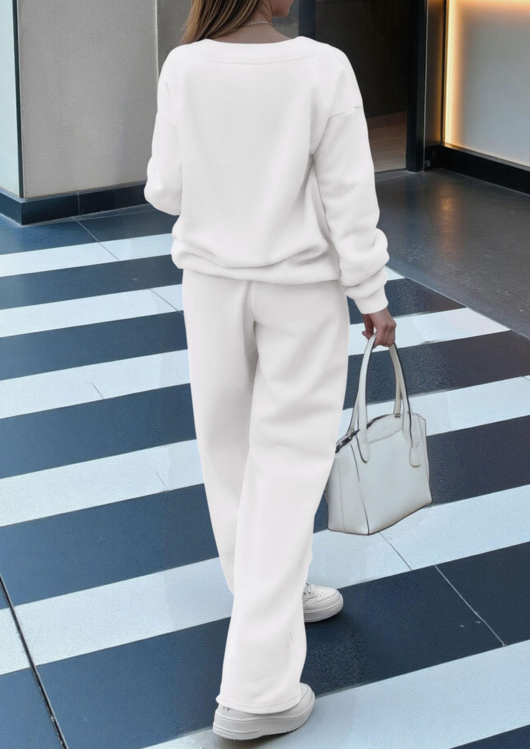 Chichi Casual Winter Two Piece Sets for Women V Neck Sweatshirt Loose Wide Leg Pants Tracksuit Knit Fall Outfits White