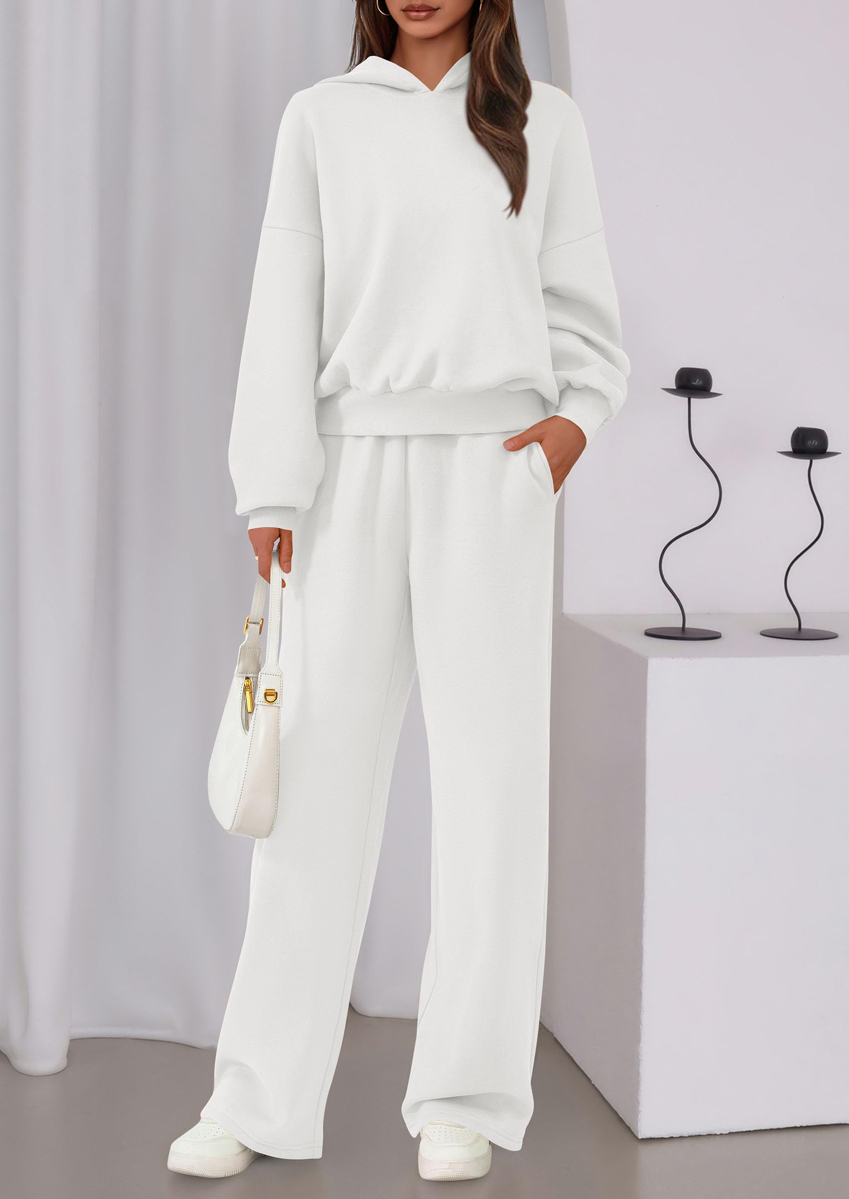 Chichi Womens Sweatsuits 2 Piece Set Casual Winter Long Sleeve Hoodie Loose Wide Leg Sweatpants Fall Tracksuit White