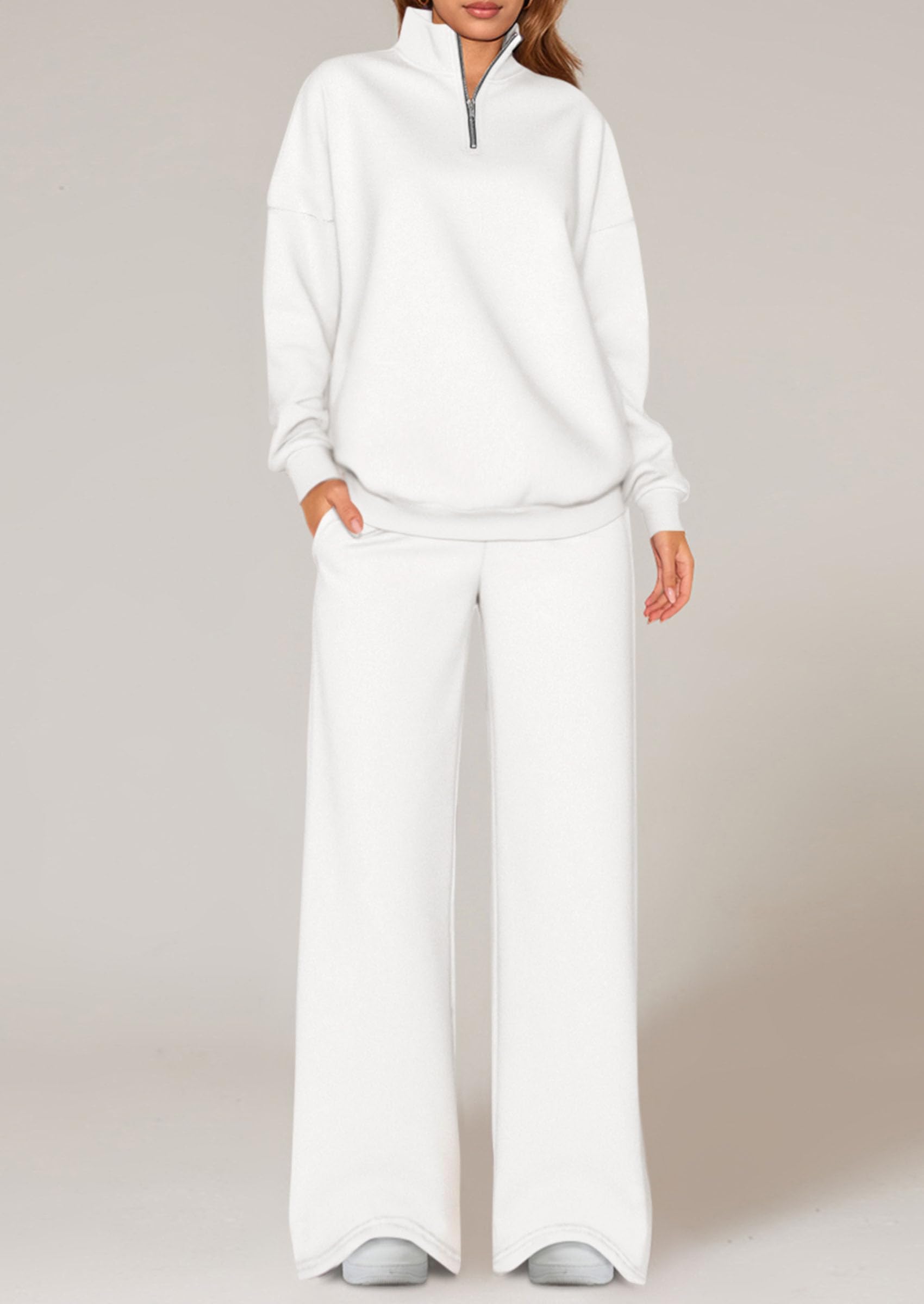 Chichi Womens Casual Two Piece Sets Fall Outfits Quarter Zip Sweatshirts Straight Leg Pants Sweatsuits Tracksuit White