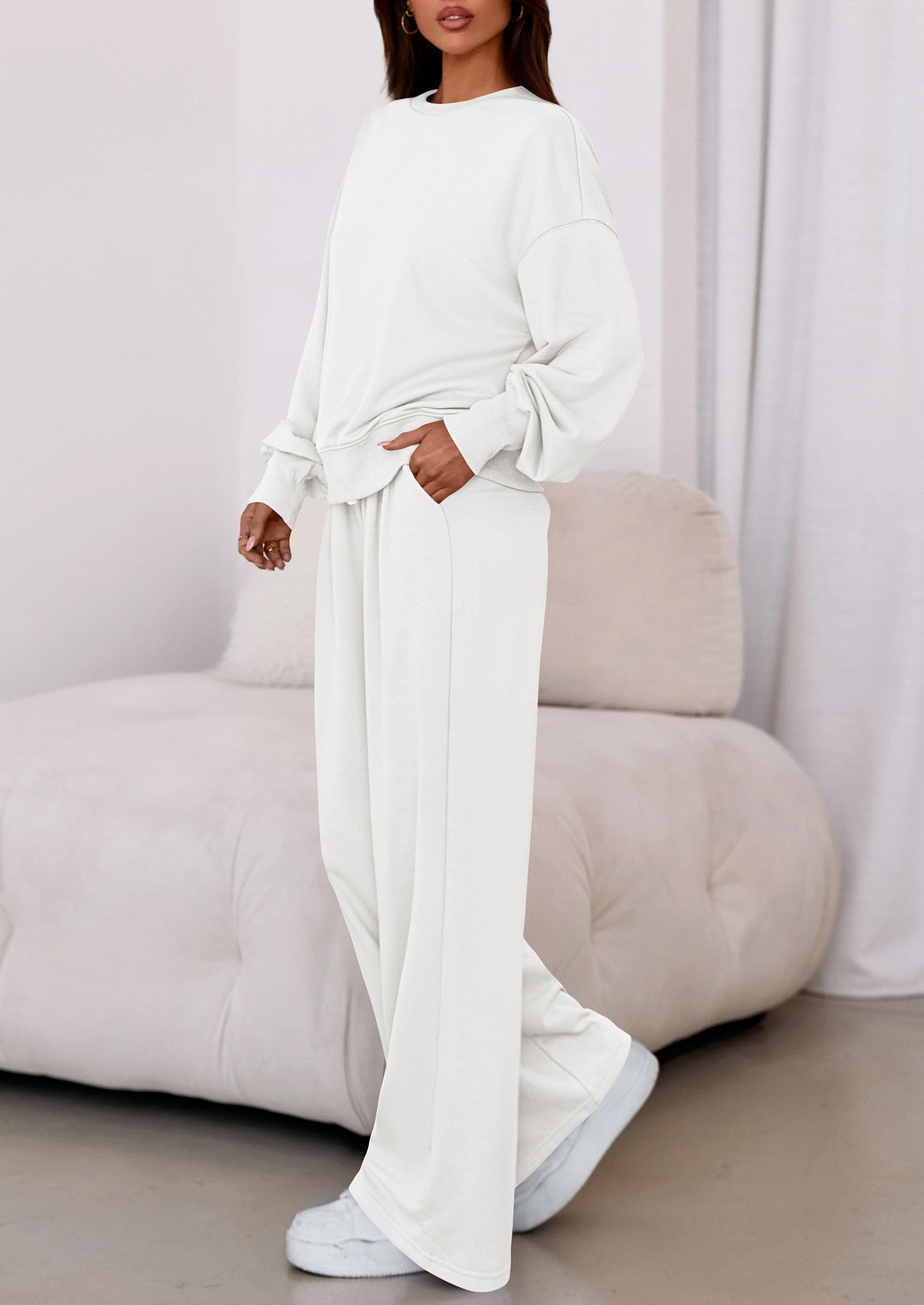 Chichi Womens 2 Piece Sets Long Sleeve Sweatshirt Wide Leg Pants Loose Matching Lounge Set Trendy Fall Outfits White