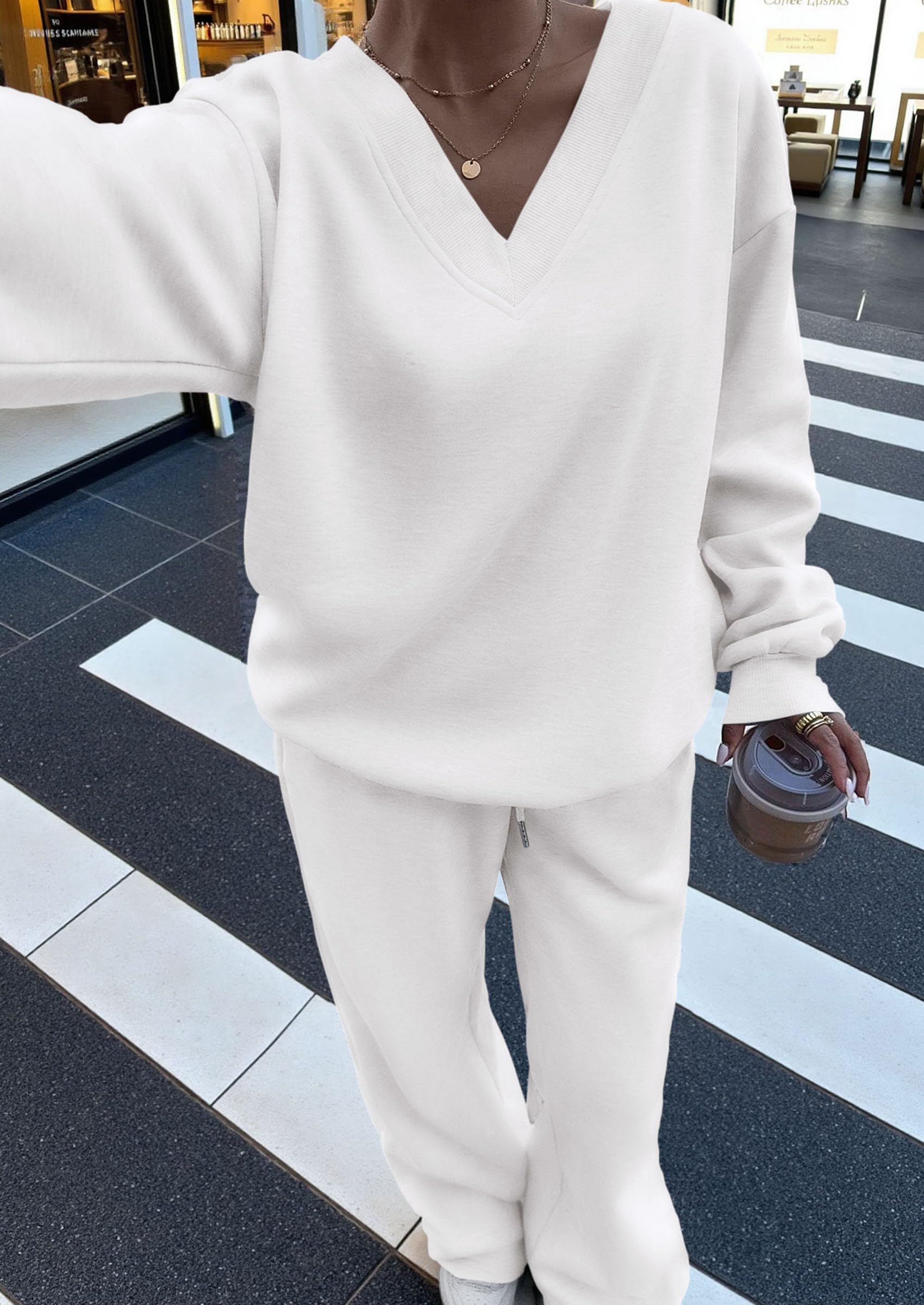 Chichi Casual Winter Two Piece Sets for Women V Neck Sweatshirt Loose Wide Leg Pants Tracksuit Knit Fall Outfits White