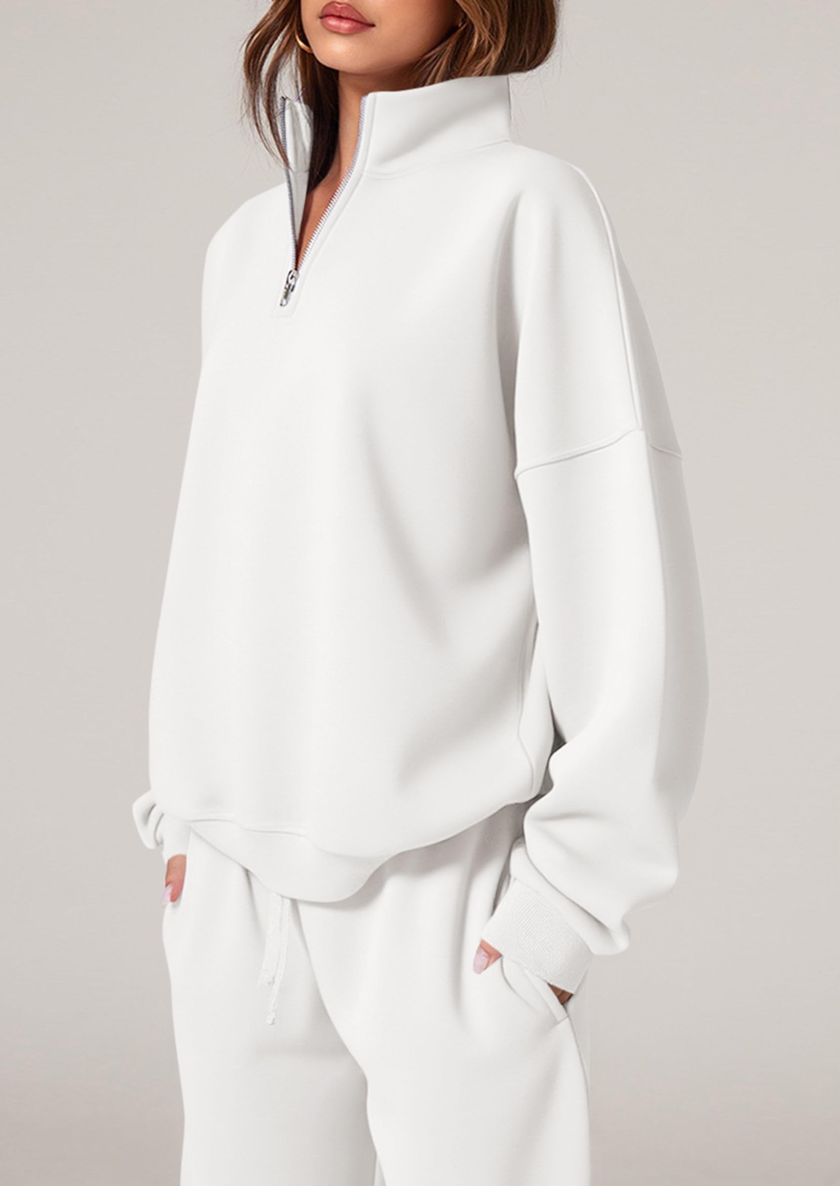Chichi Womens Casual Two Piece Sets Fall Outfits Quarter Zip Sweatshirts Straight Leg Pants Sweatsuits Tracksuit White