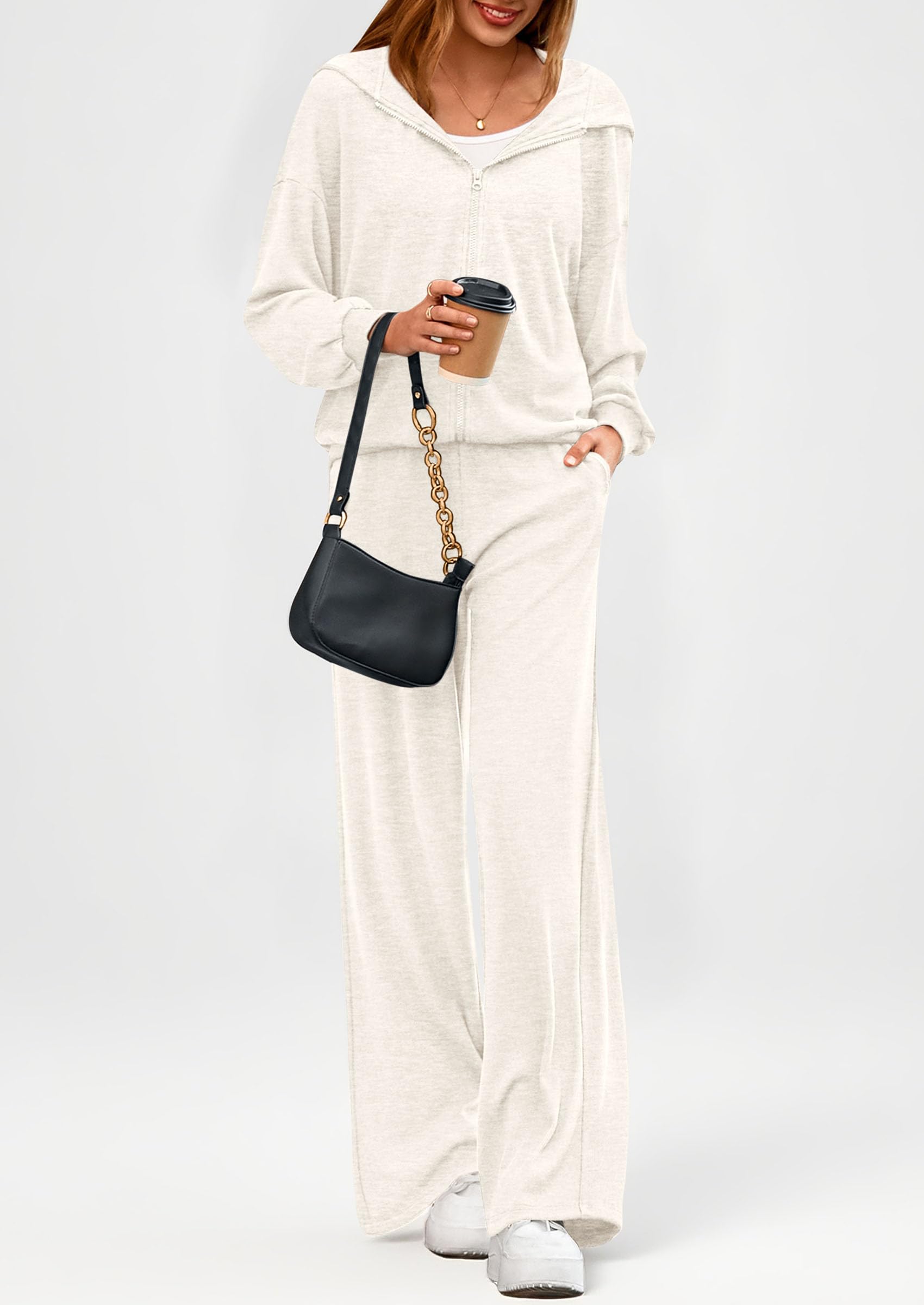Chichi Women's 2 Piece Fall Lounge Sets Zip Up Hoodie Wide Leg Pants Tracksuit Matching Travel Outfits Clothes White