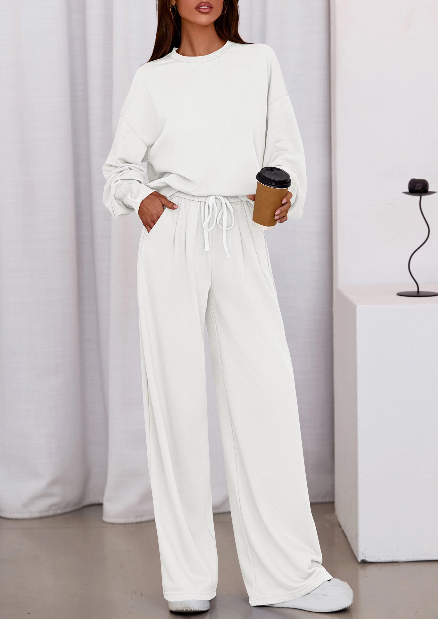 Chichi Womens 2 Piece Sets Long Sleeve Sweatshirt Wide Leg Pants Loose Matching Lounge Set Trendy Fall Outfits White