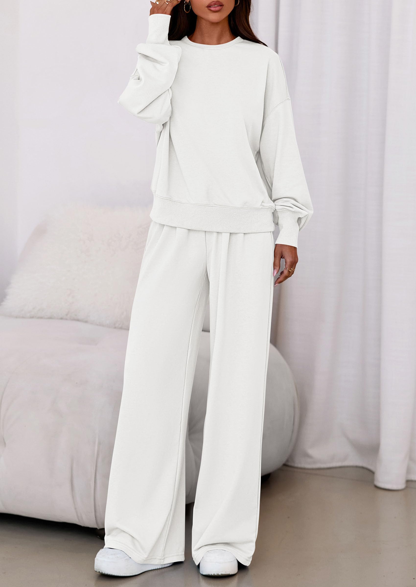 Chichi Womens 2 Piece Sets Long Sleeve Sweatshirt Wide Leg Pants Loose Matching Lounge Set Trendy Fall Outfits White