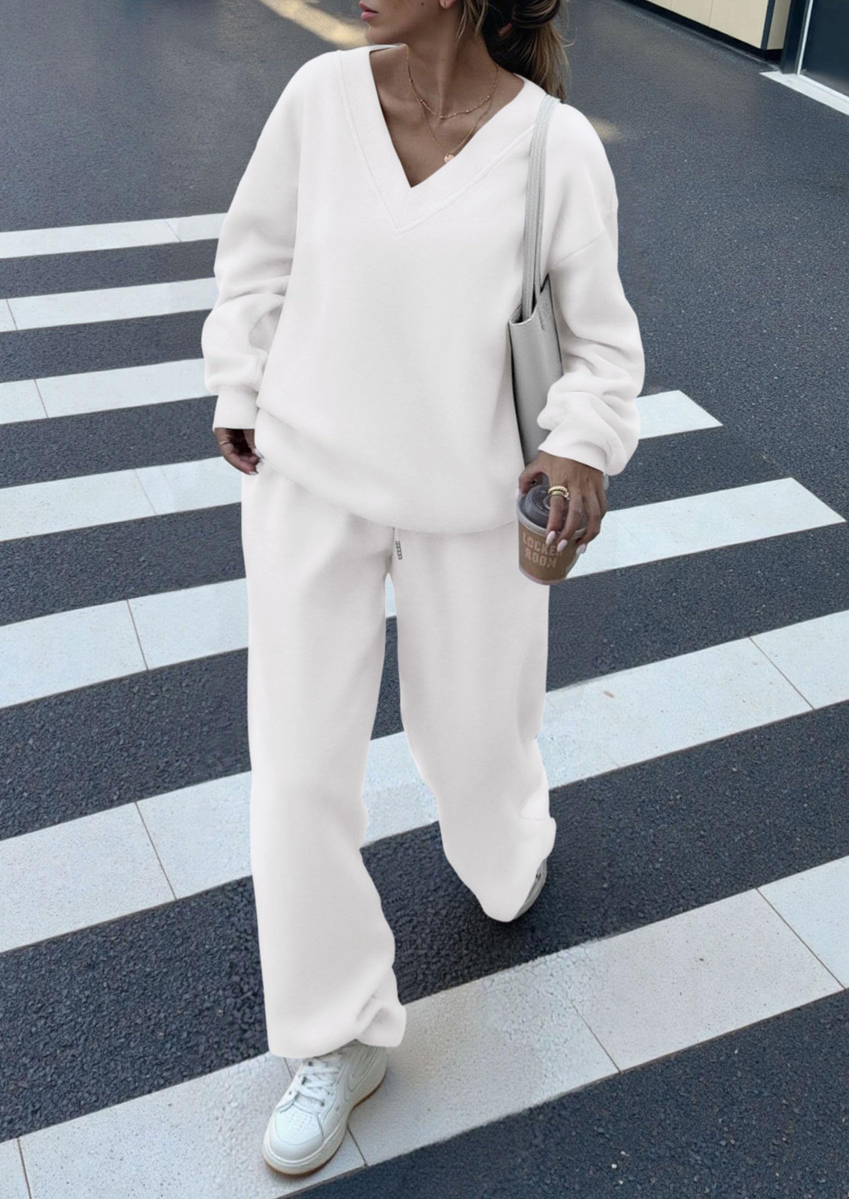 Chichi Casual Winter Two Piece Sets for Women V Neck Sweatshirt Loose Wide Leg Pants Tracksuit Knit Fall Outfits White