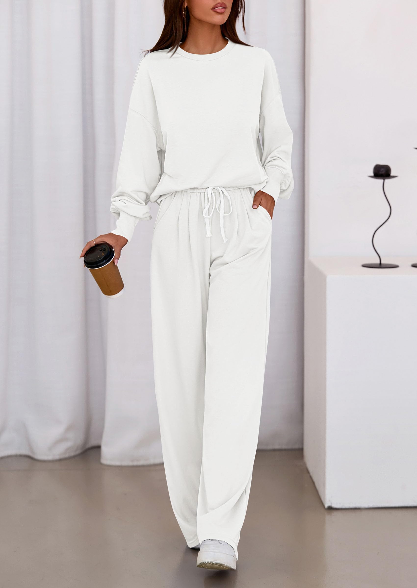 Chichi Womens 2 Piece Sets Long Sleeve Sweatshirt Wide Leg Pants Loose Matching Lounge Set Trendy Fall Outfits White