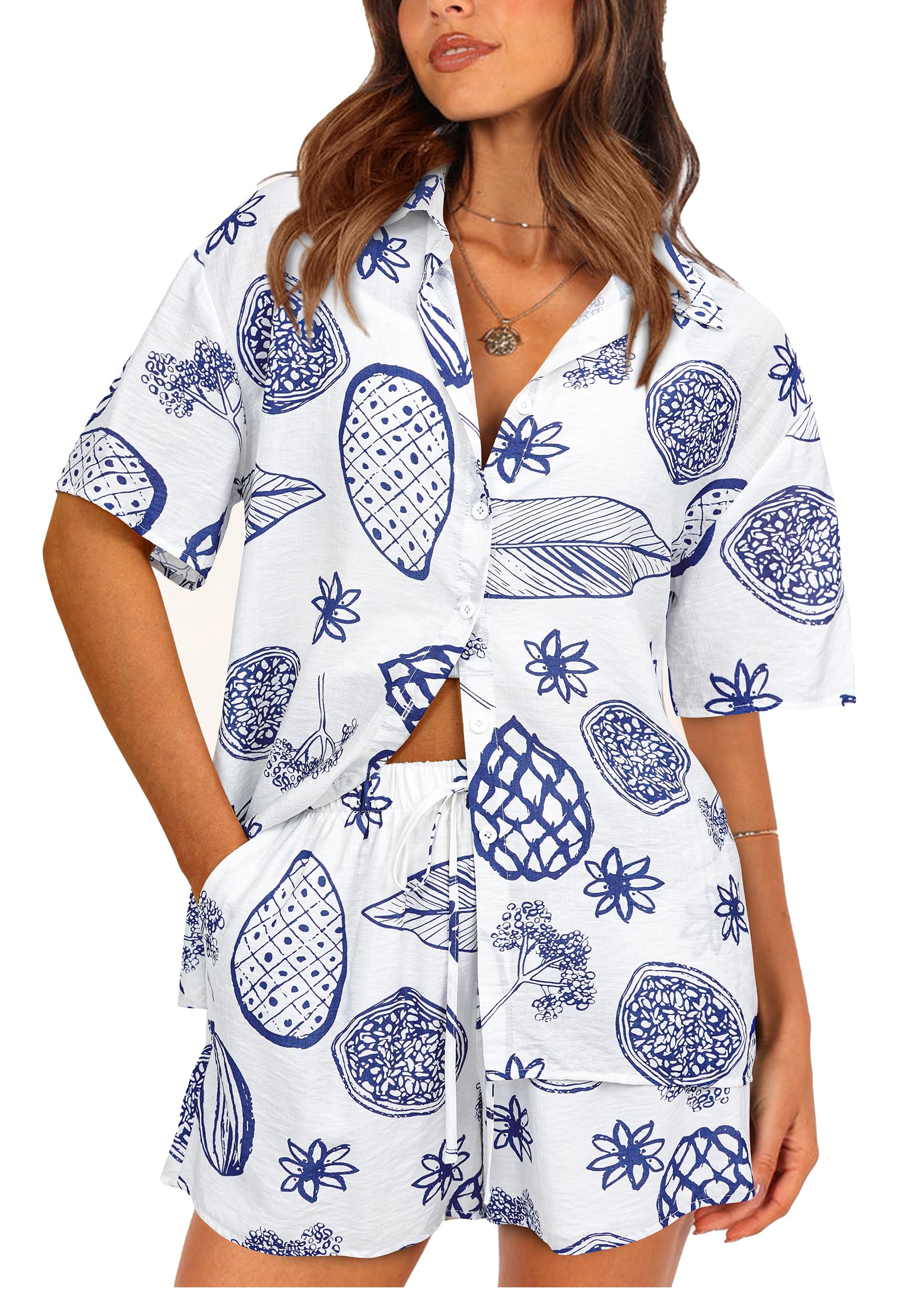 Chichi Women Summer 2 Piece Sets Printed Short Sleeve Tops Lounge Shorts Beach Vacation Outfits White Blue