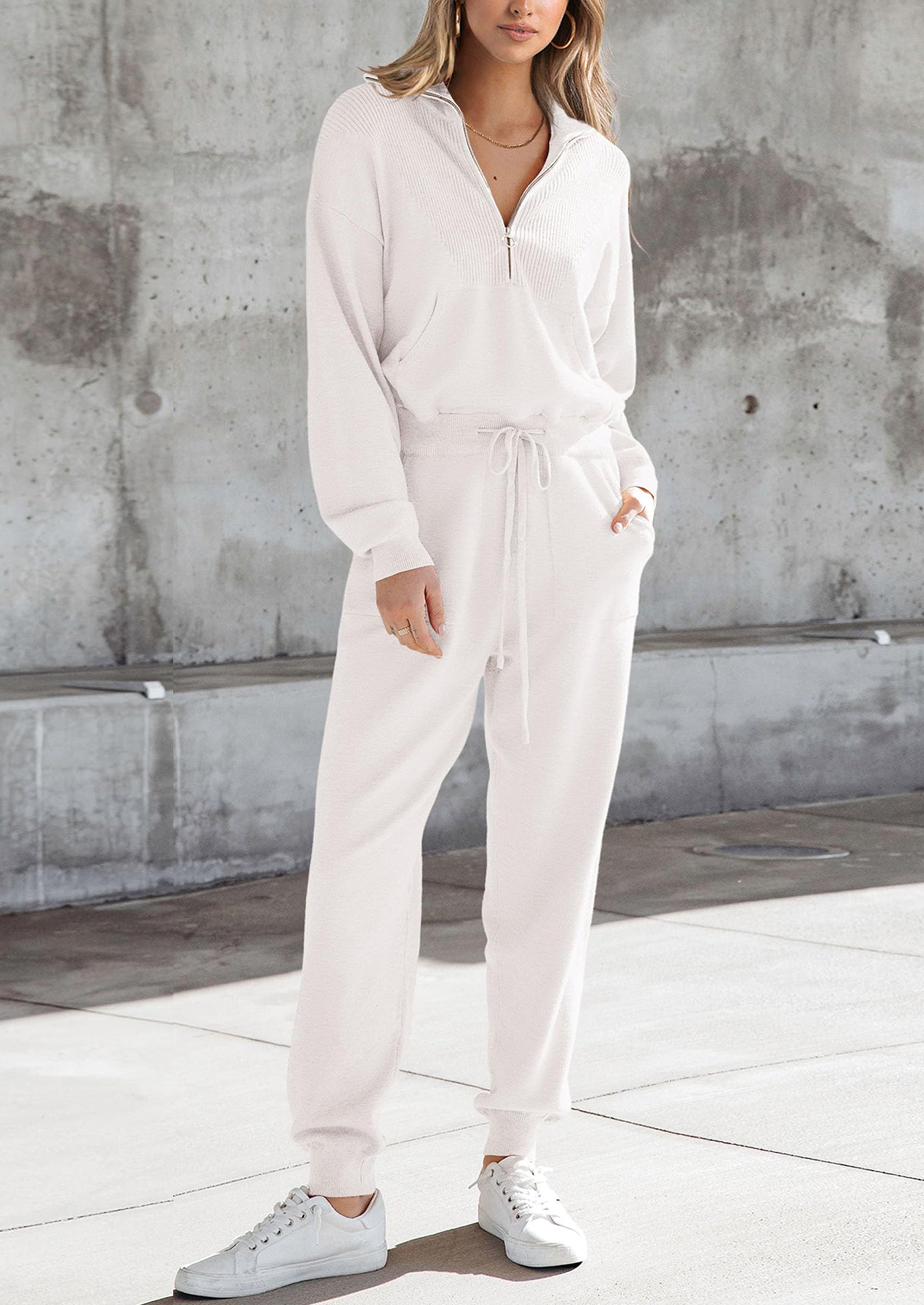 Chichi Women's 2 Piece Sweater Set Pullover Zip Up Sweatshirt Jogger Sweatpants Tracksuit Casual Outfit White