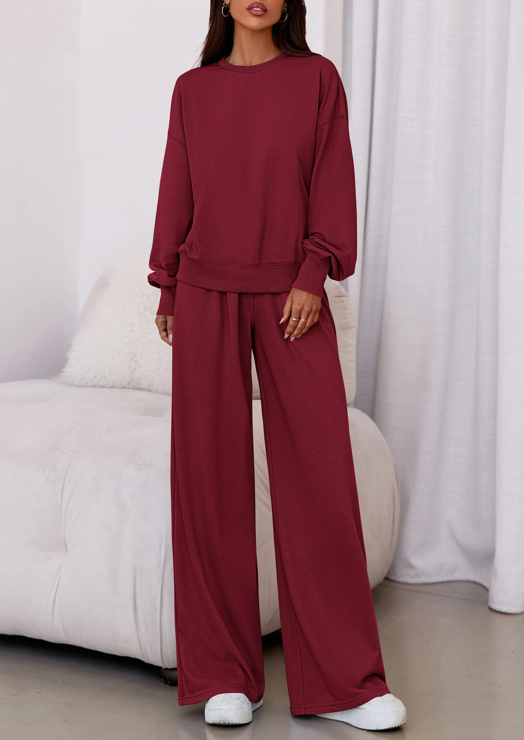 Chichi Womens 2 Piece Sets Long Sleeve Sweatshirt Wide Leg Pants Loose Matching Lounge Set Trendy Fall Outfits Wine Red