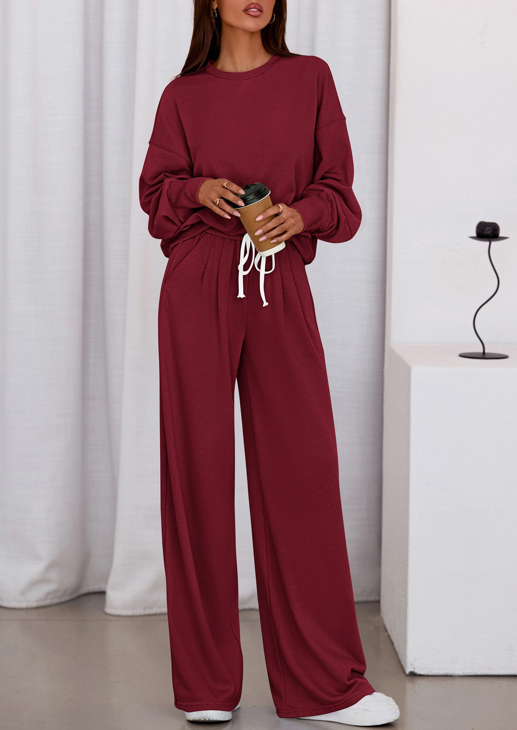 Chichi Womens 2 Piece Sets Long Sleeve Sweatshirt Wide Leg Pants Loose Matching Lounge Set Trendy Fall Outfits Wine Red