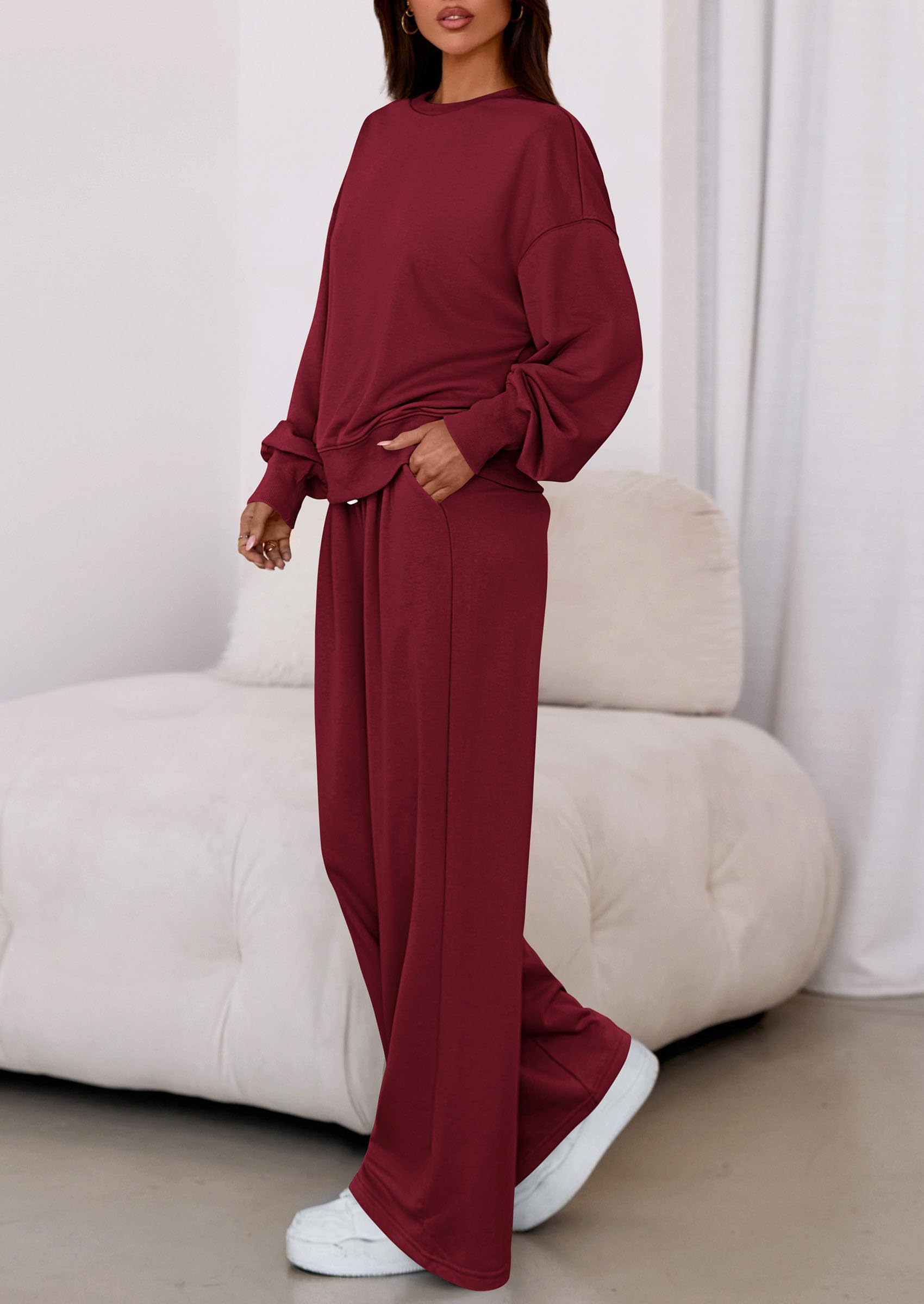 Chichi Womens 2 Piece Sets Long Sleeve Sweatshirt Wide Leg Pants Loose Matching Lounge Set Trendy Fall Outfits Wine Red