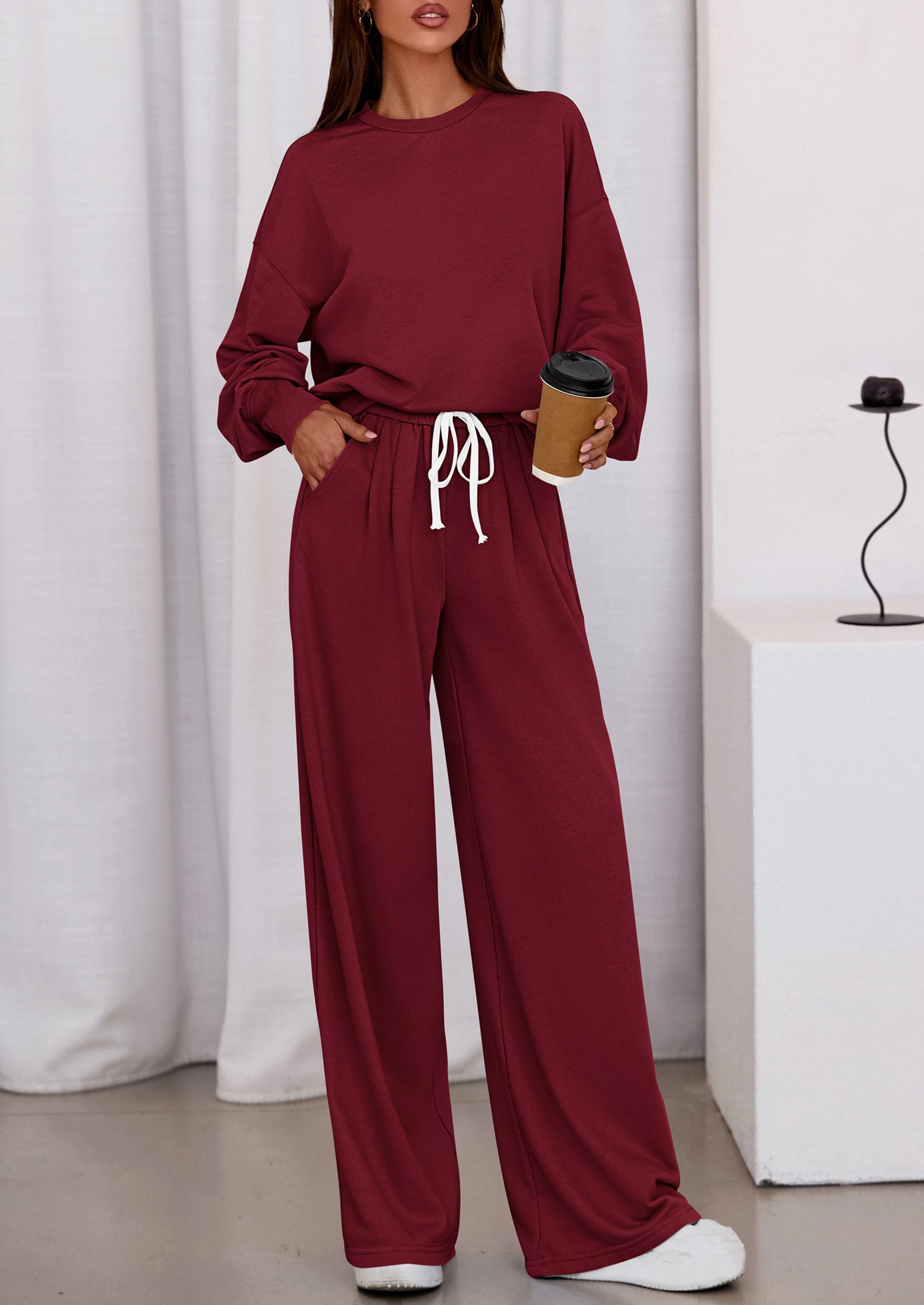 Chichi Womens 2 Piece Sets Long Sleeve Sweatshirt Wide Leg Pants Loose Matching Lounge Set Trendy Fall Outfits Wine Red