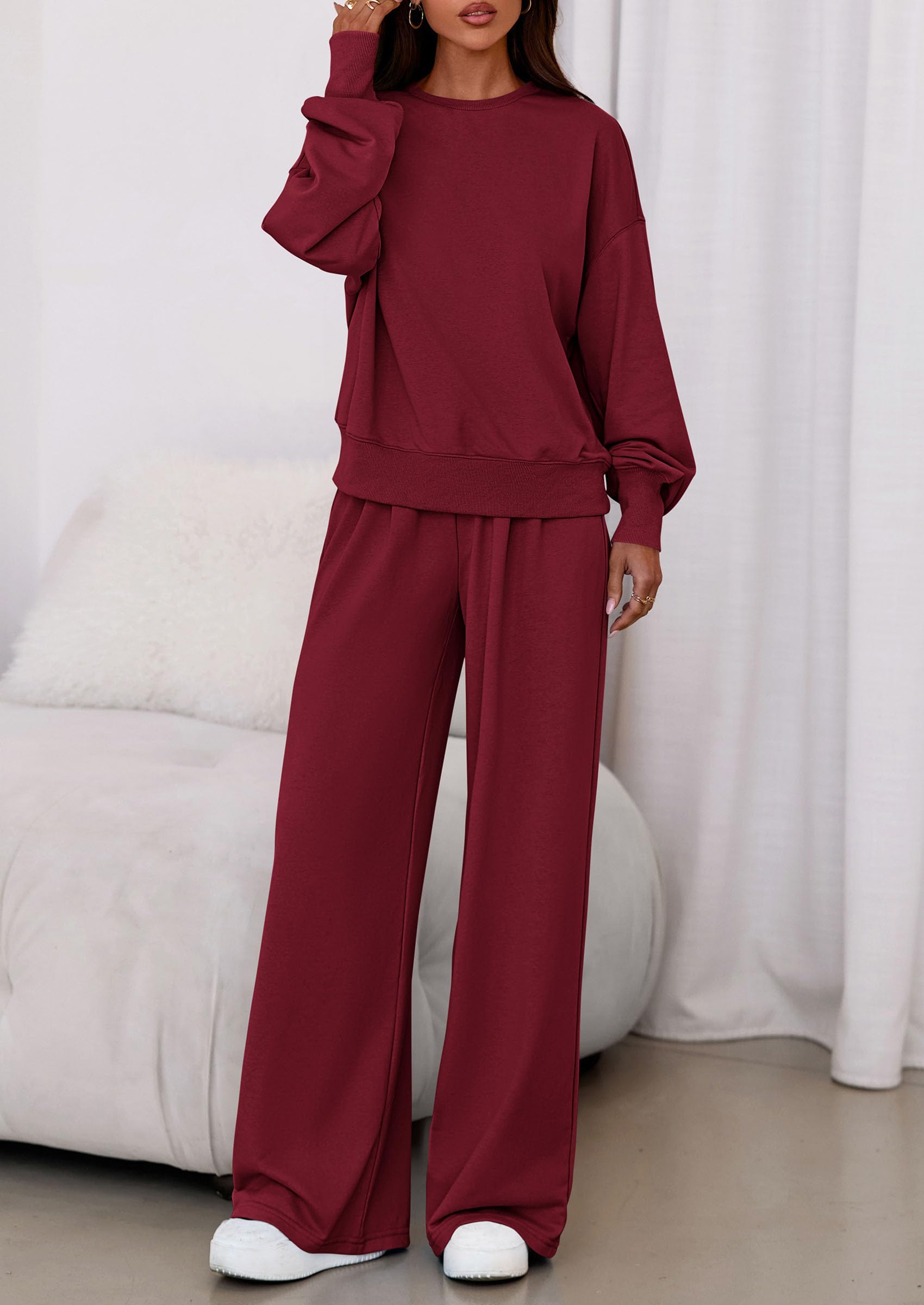 Chichi Womens 2 Piece Sets Long Sleeve Sweatshirt Wide Leg Pants Loose Matching Lounge Set Trendy Fall Outfits Wine Red