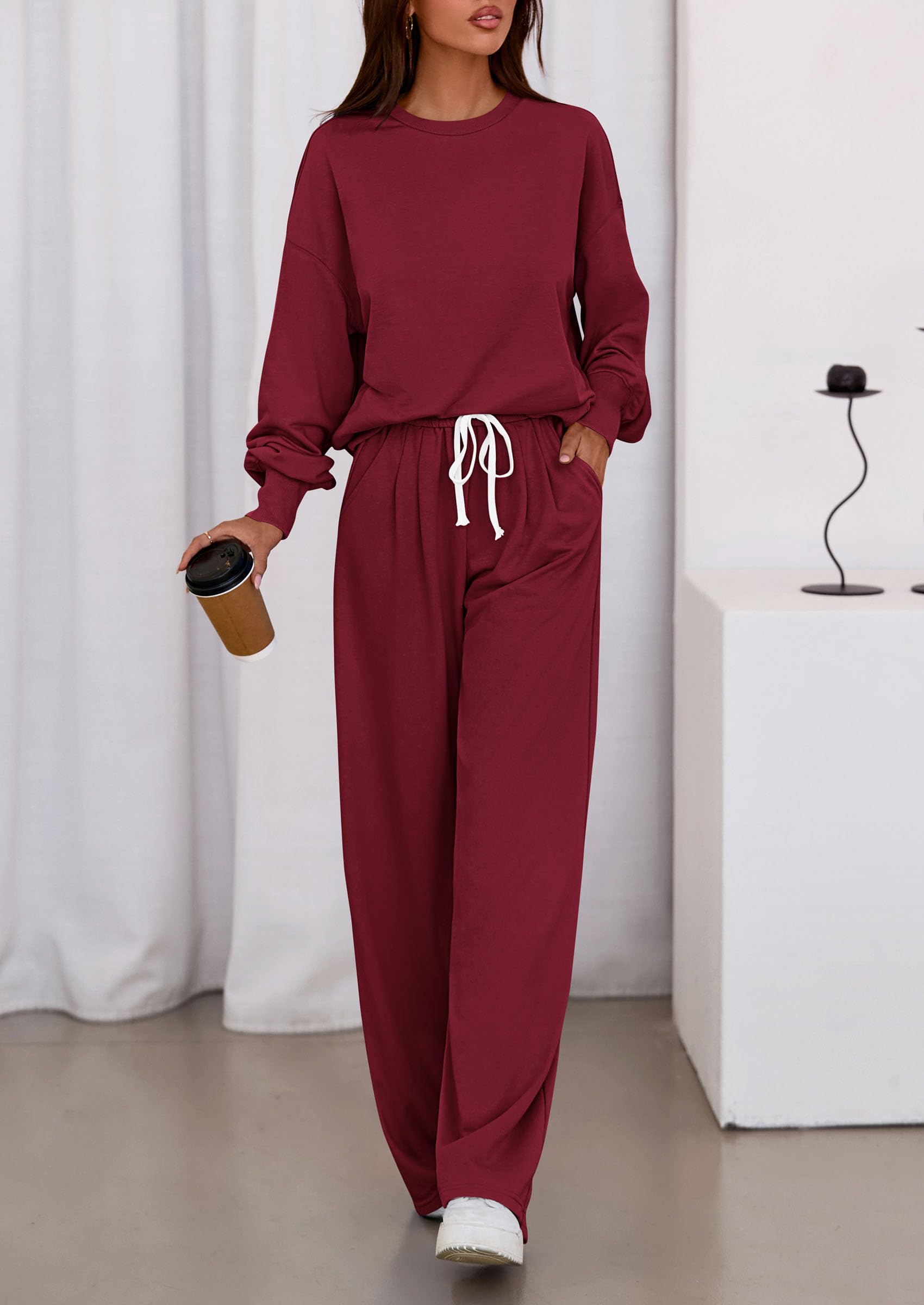 Chichi Womens 2 Piece Sets Long Sleeve Sweatshirt Wide Leg Pants Loose Matching Lounge Set Trendy Fall Outfits Wine Red