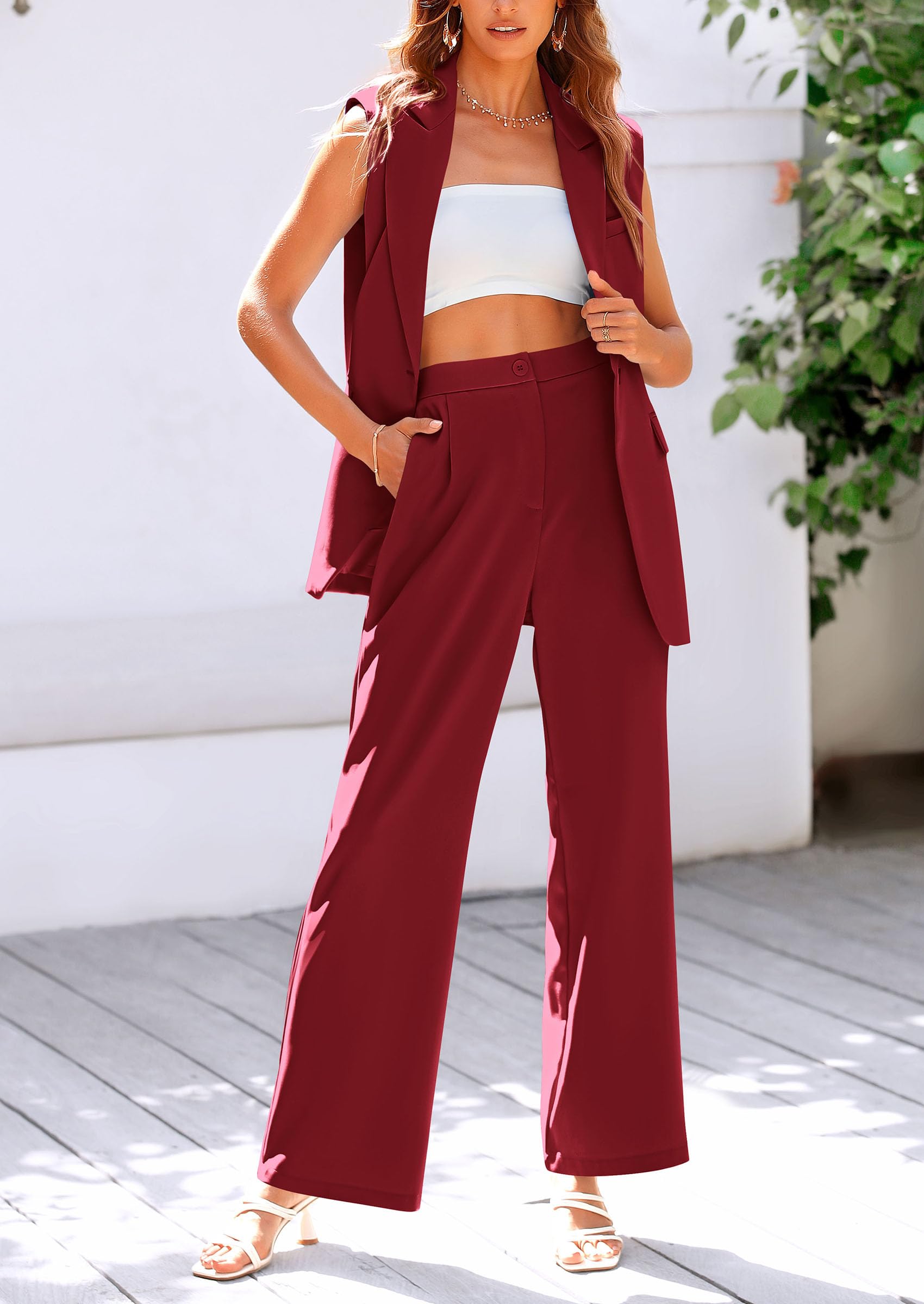 Chichi Women's 2 Piece Outfits Sleeveless Suit Vest and Wide Leg Pants Business Casual Blazer Sets Wine Red