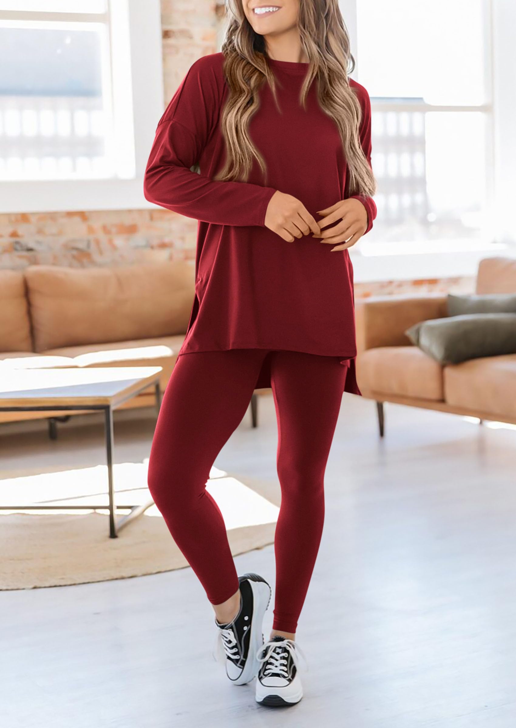 Chichi 2 Piece Outfits Casual Long Sleeve Tunic Tops Legging Pants Lounge Sets Sweatsuits Wine Red