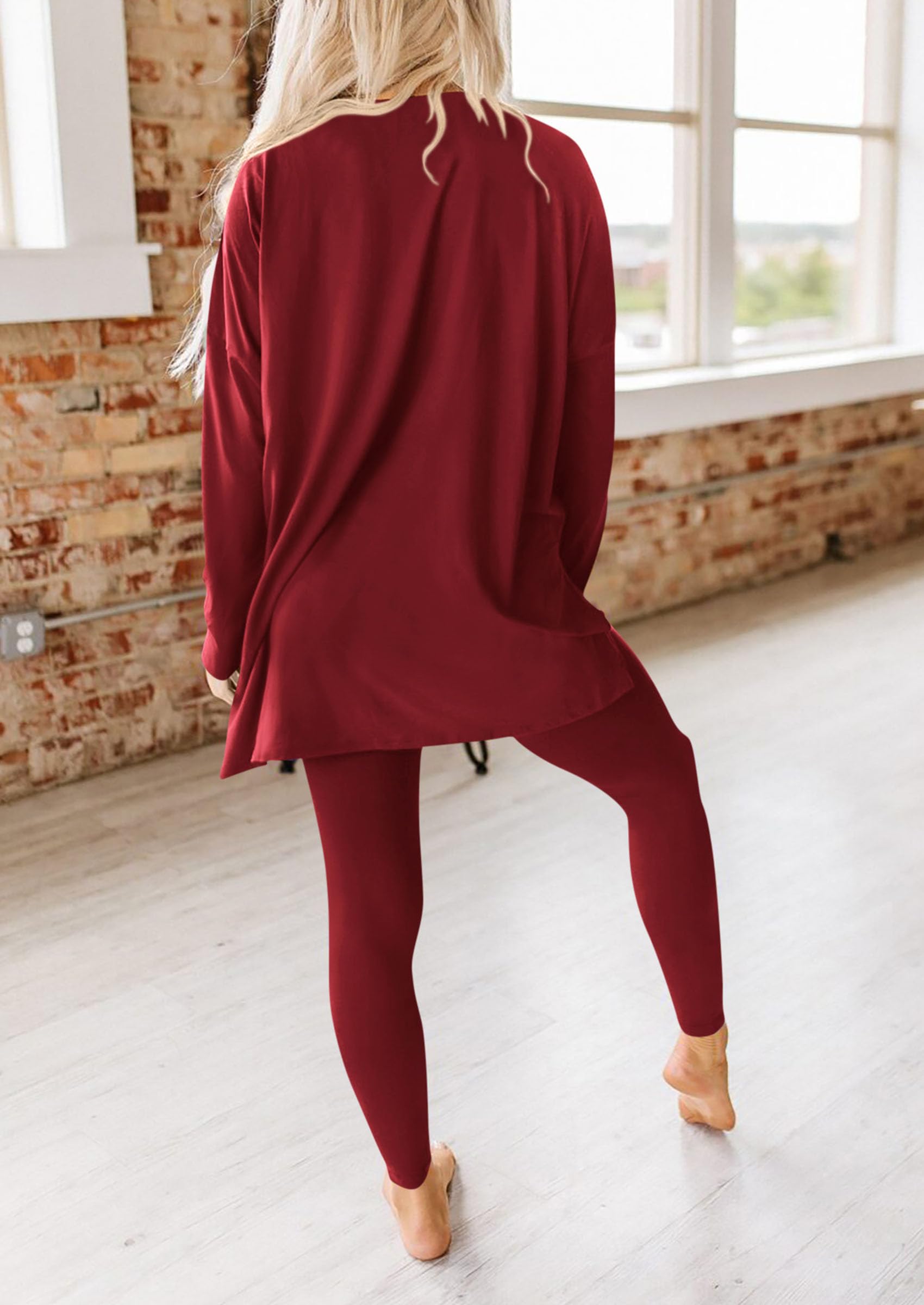 Chichi 2 Piece Outfits Casual Long Sleeve Tunic Tops Legging Pants Lounge Sets Sweatsuits Wine Red