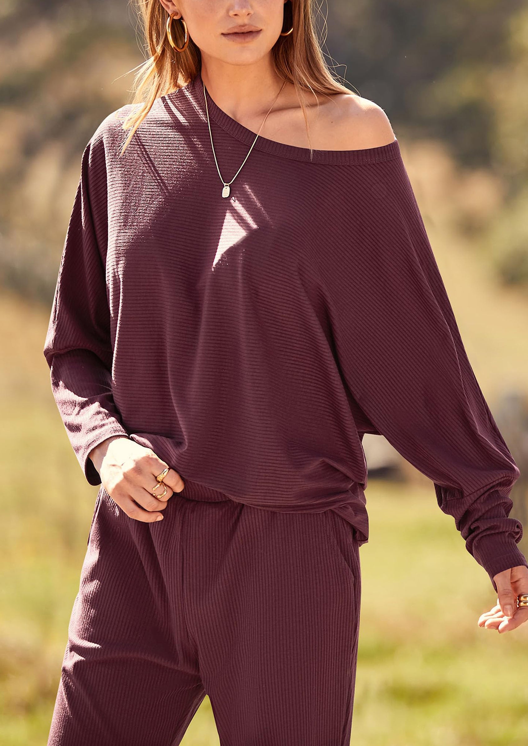 Chichi Women's Fall 2 Piece Lounge Set Long Sleeve Tops Ribbed Pants Spring Matching Sweatsuit Travel Outfits Clothes Wine Red