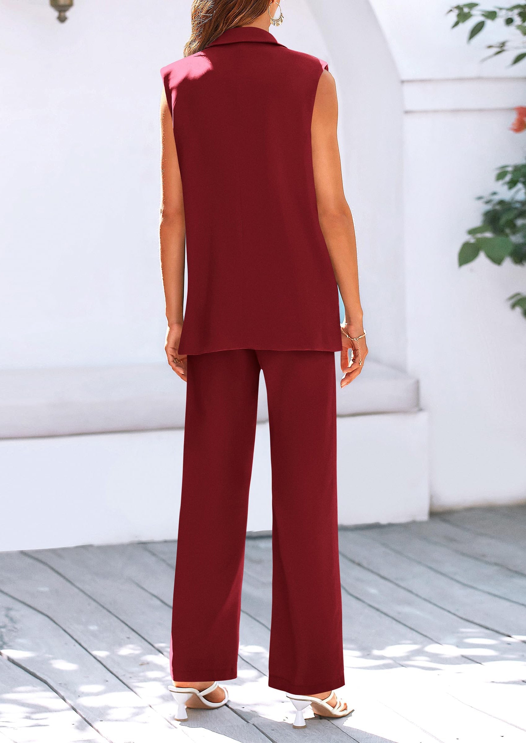 Chichi Women's 2 Piece Outfits Sleeveless Suit Vest and Wide Leg Pants Business Casual Blazer Sets Rose Red